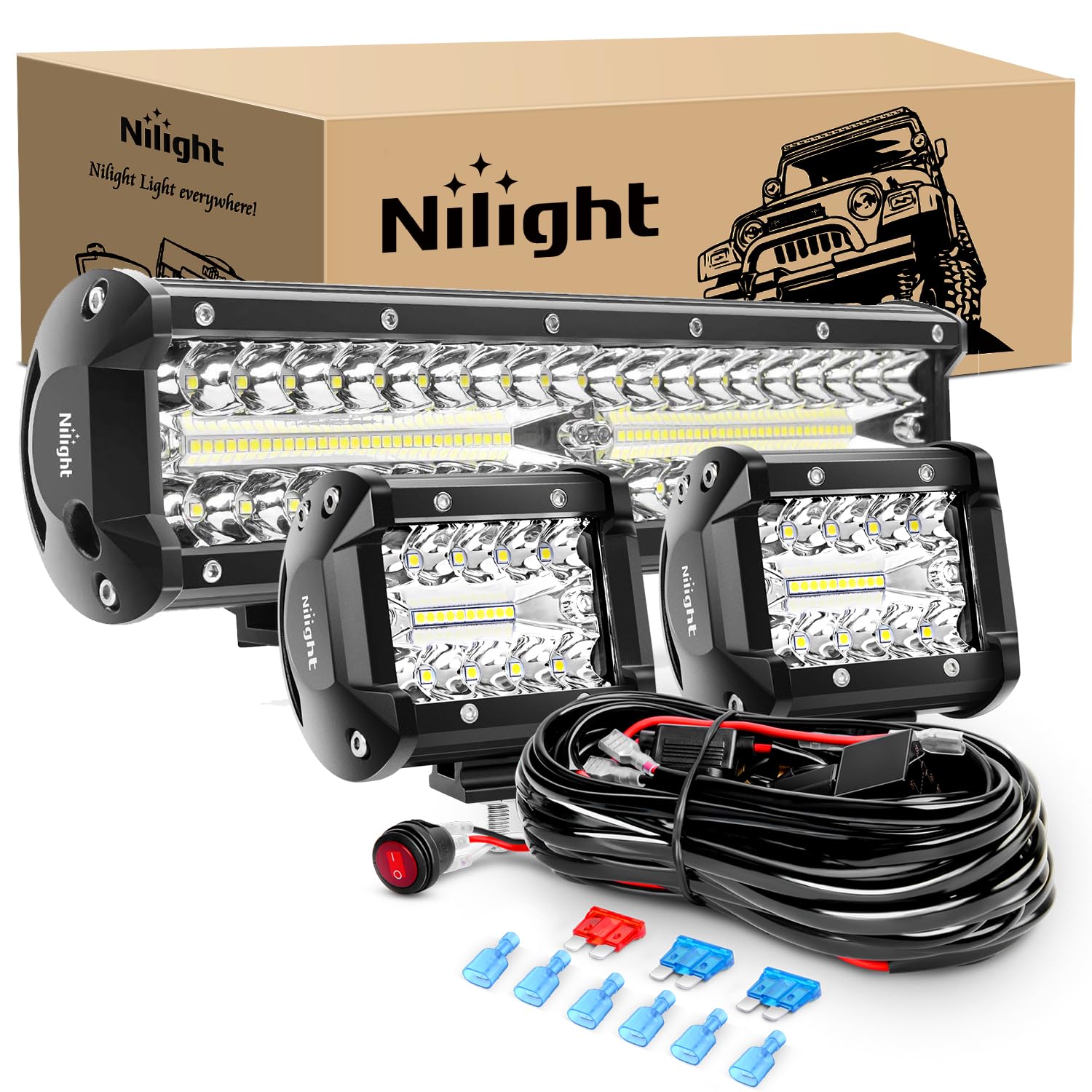 Nilight LED Light Bar Set, 12 Inch 300W Triple Row Spot Flood Combo Work Driving Lamp, 2 Pcs 4 inch 60 W with Wiring Harness for Off road ATV Boat Lighting, Year Warranty