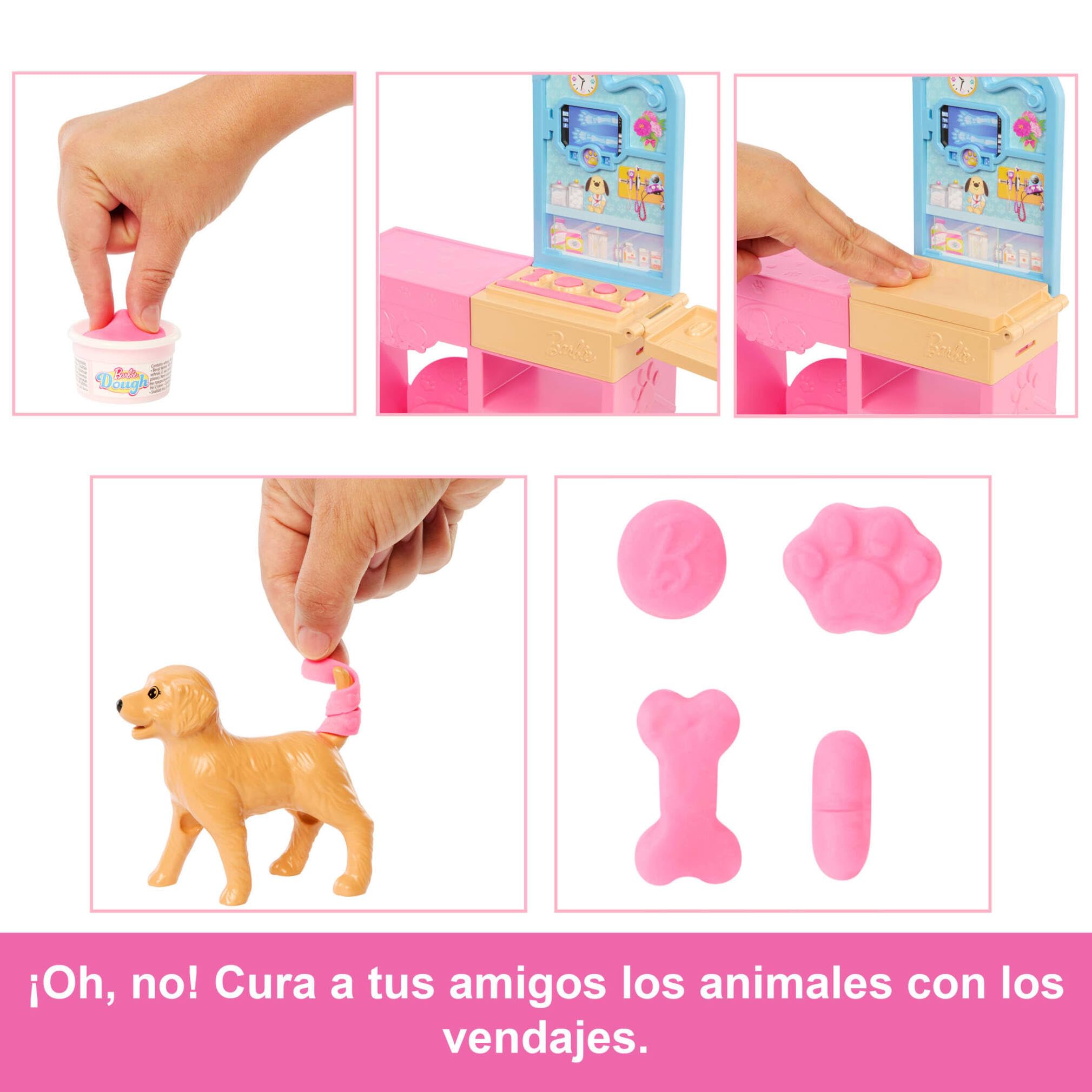Barbie Clínica veterinaria Conjunto con muñeca de pelo rosa, muebles de consulta veterinaria y más de 10 accesorios incluyendo moldes y masa para escayolas, JFX93