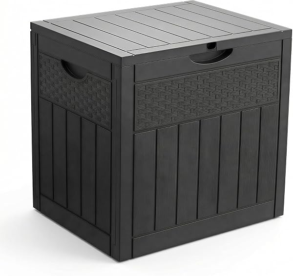 VOUNOT® 126L Outdoor Storage Box with Lid, Lockable Garden Storage Chest, Waterproof Plastic Deck Box for Cushions, Tools & Parcel Delivery, Rattan Effect, Black - 1