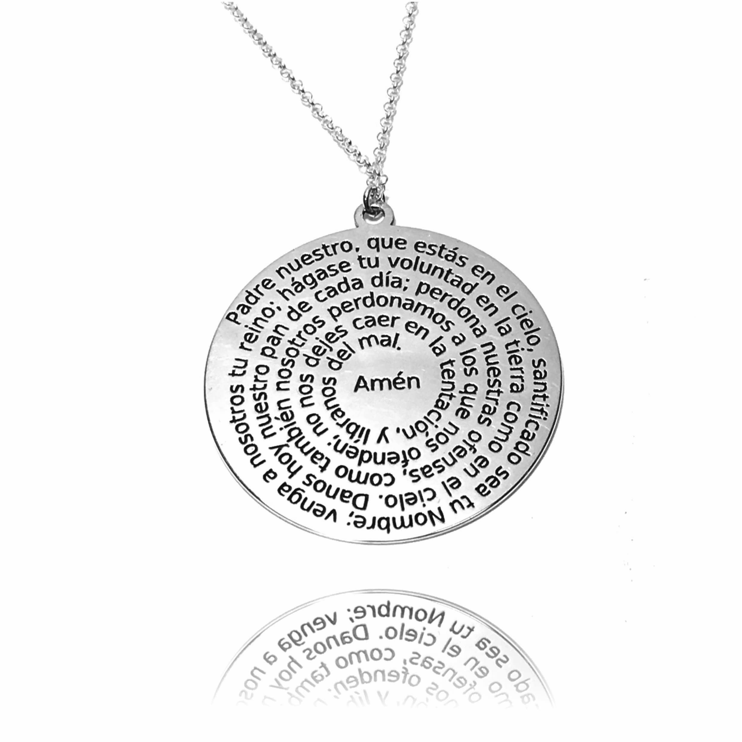 Collar Padre Nuestro Fabricado en Plata de Ley 925 | Medalla 25mm grabada con oración | Personalizable con dedicatoria en la cara trasera | Joyería religiosa especial. Modelo 25mm