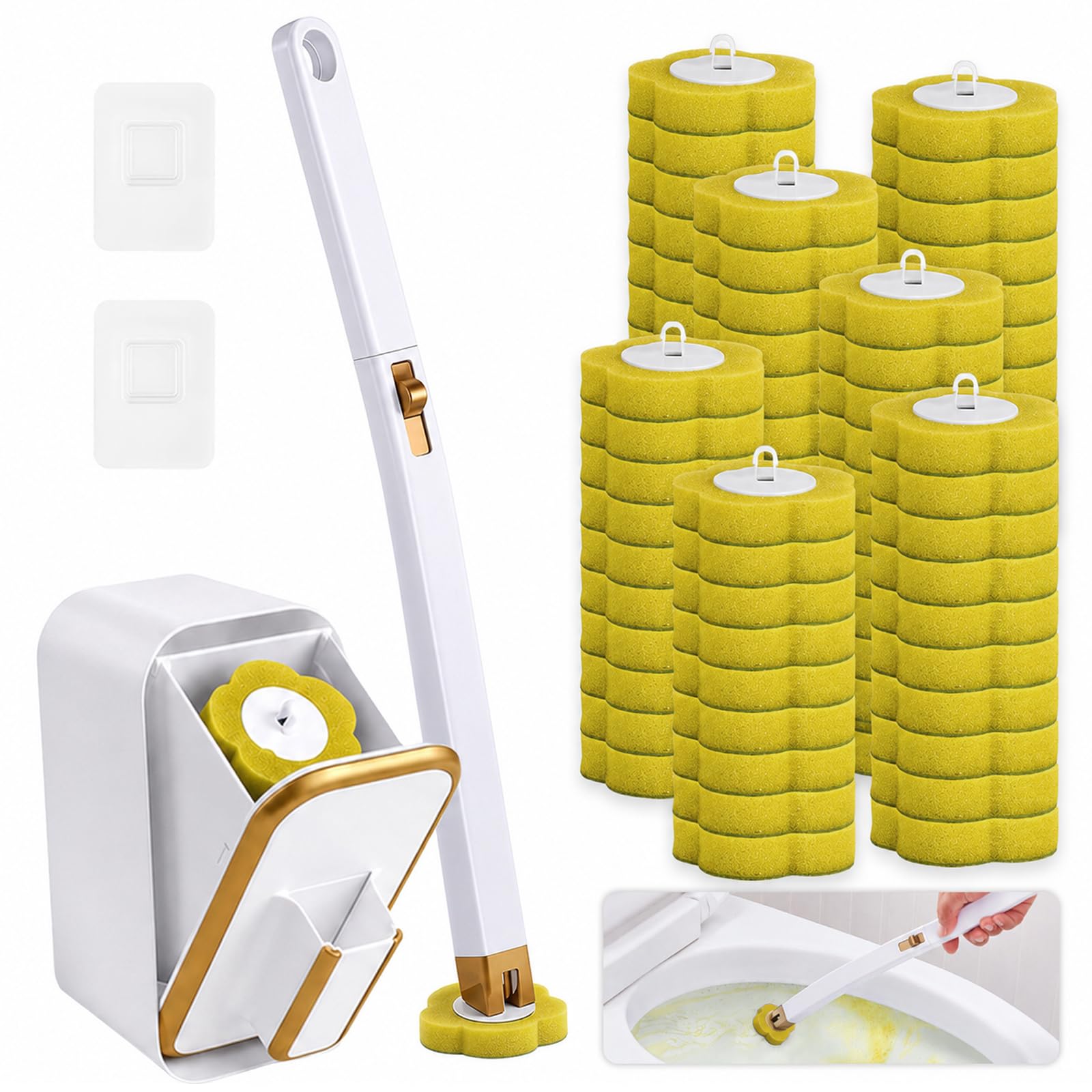 Disposable Toilet Brush and Holder Set with 60 Yellow Replacement Head Refill, 360° Degree Cleaning Toilet Brush Cleaning Kit with Wall Mounted Holder Cleaner Set for Hygienic Bathroom Cleaning