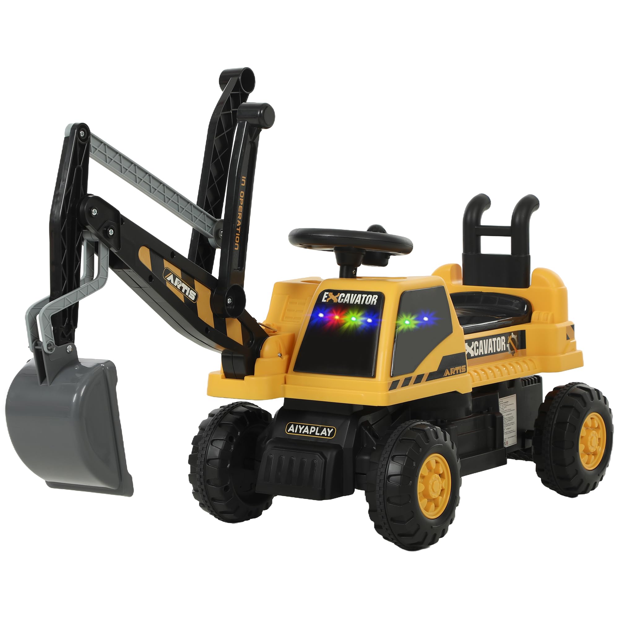 AIYAPLAY Escavatrice con paletta, per bambini, con struttura girevole, schienale regolabile, escavatore giocattolo per sedersi fino a 25 kg, per bambini da 1,5 a 3 anni, colore giallo