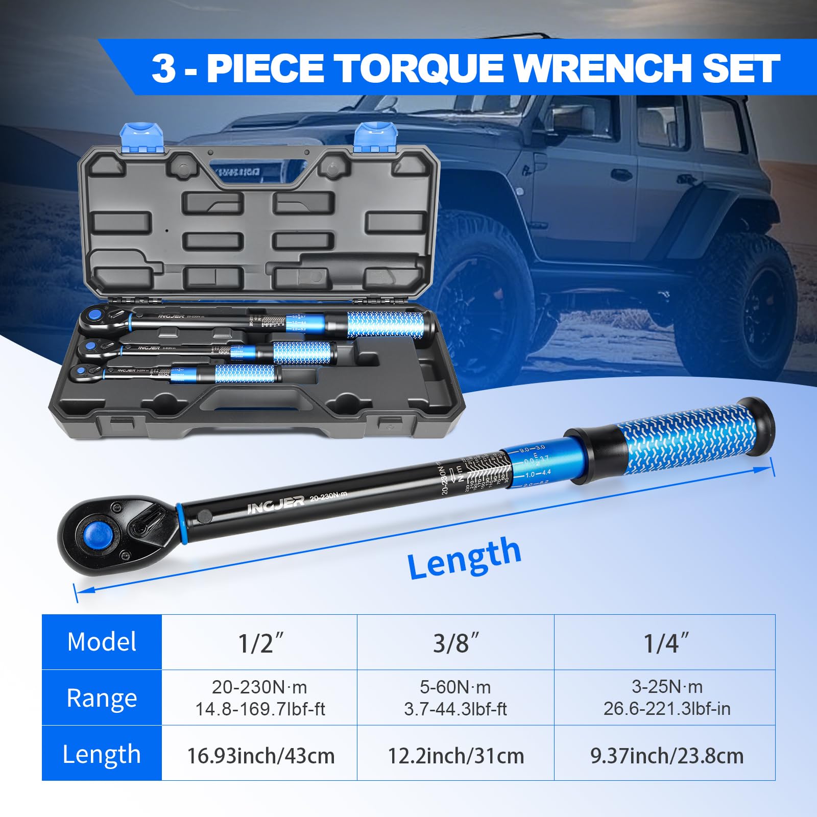 Set di chiavi dinamometriche 14 3 8 1 2, 3-25 Nm, 5-60 NM, 20-220 NM