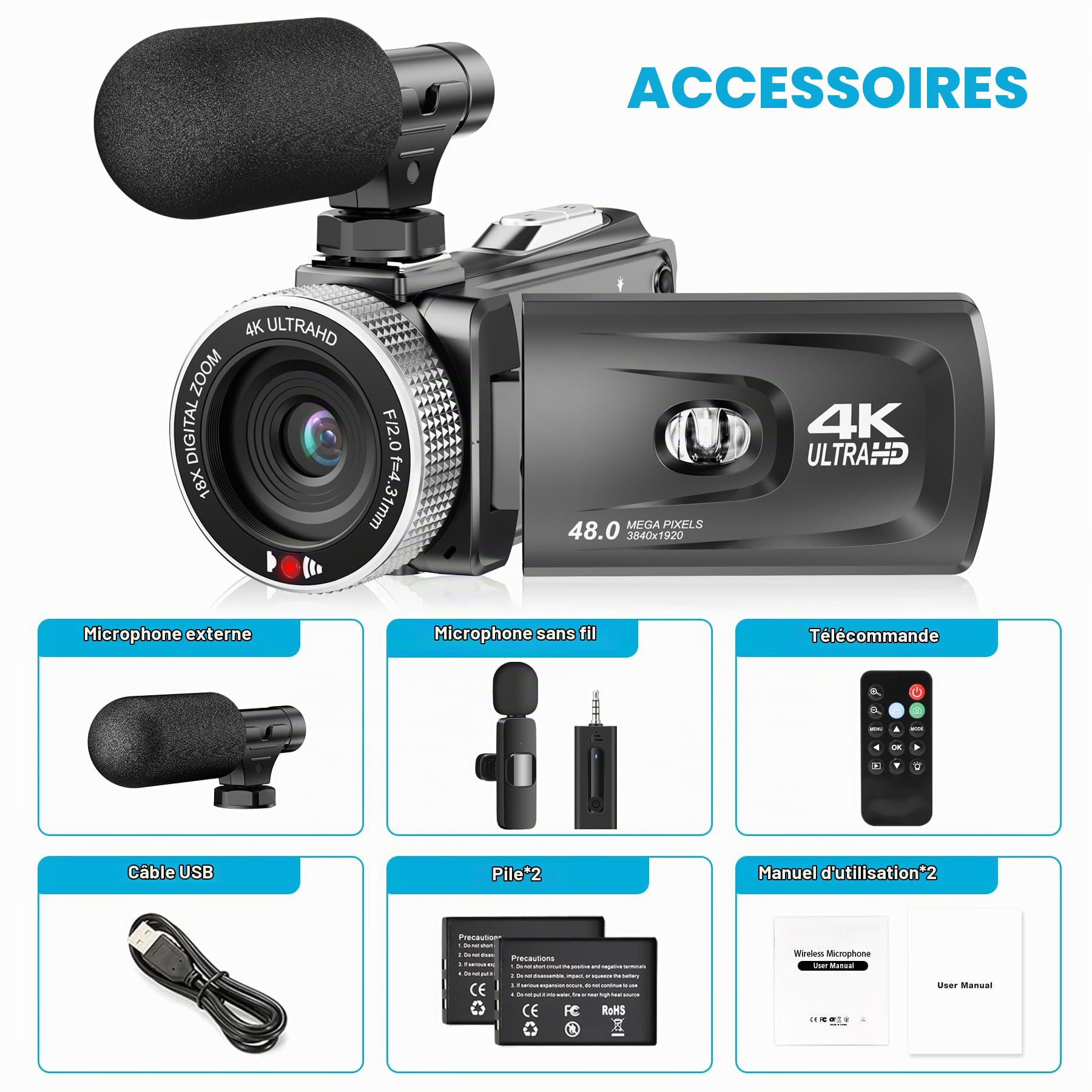 Caméscope vidéo 4K, caméscope 48MP avec écran IPS de 7,6 cm pivotant à 270°, microphone sans fil & microphone filaire, 2 batteries rechargeables, télécommande, caméscope pour le vlogging, les voyages