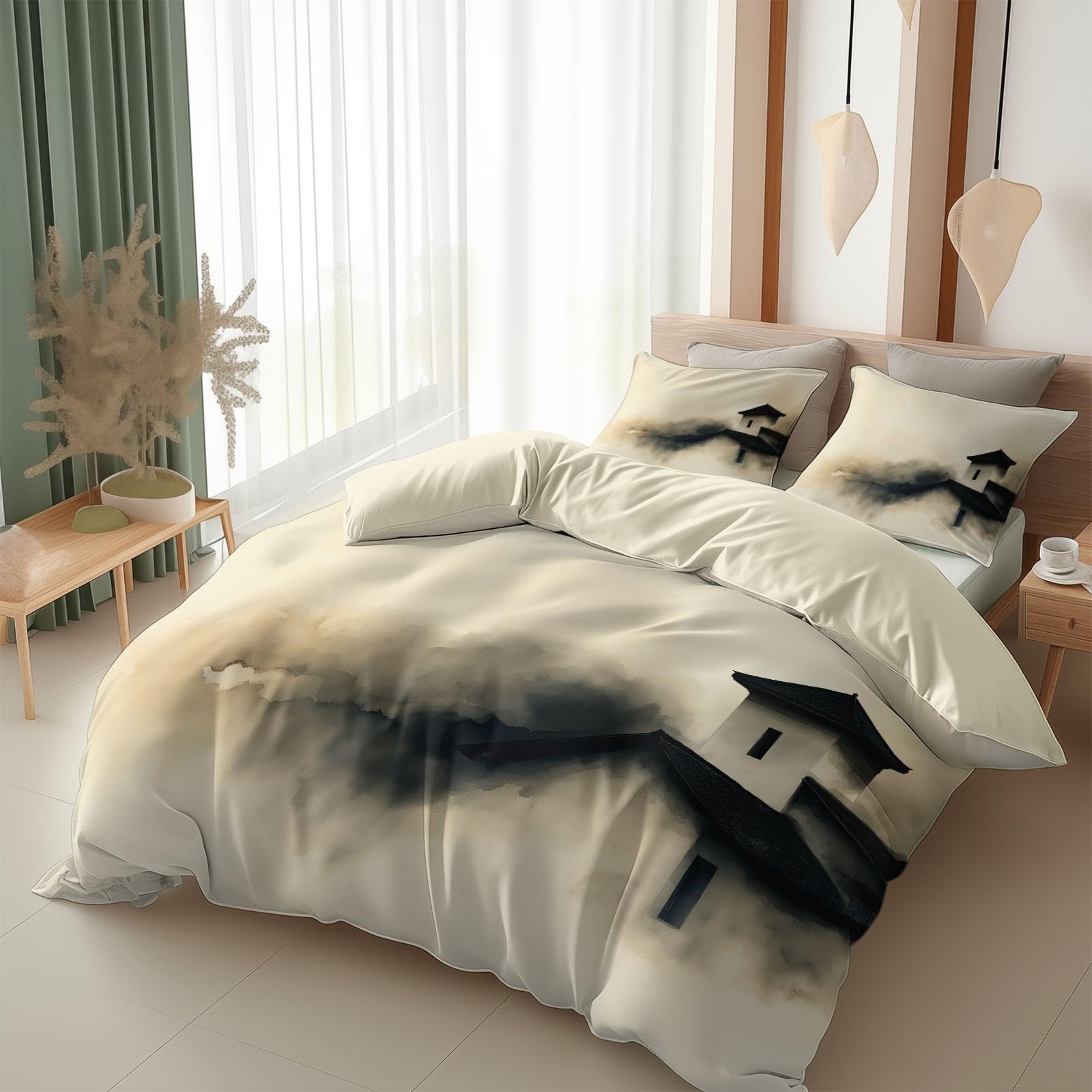 Housse de Couette 260x240 cm Chinois Parure de Lit Fermeture Éclair Beige 2 Taies