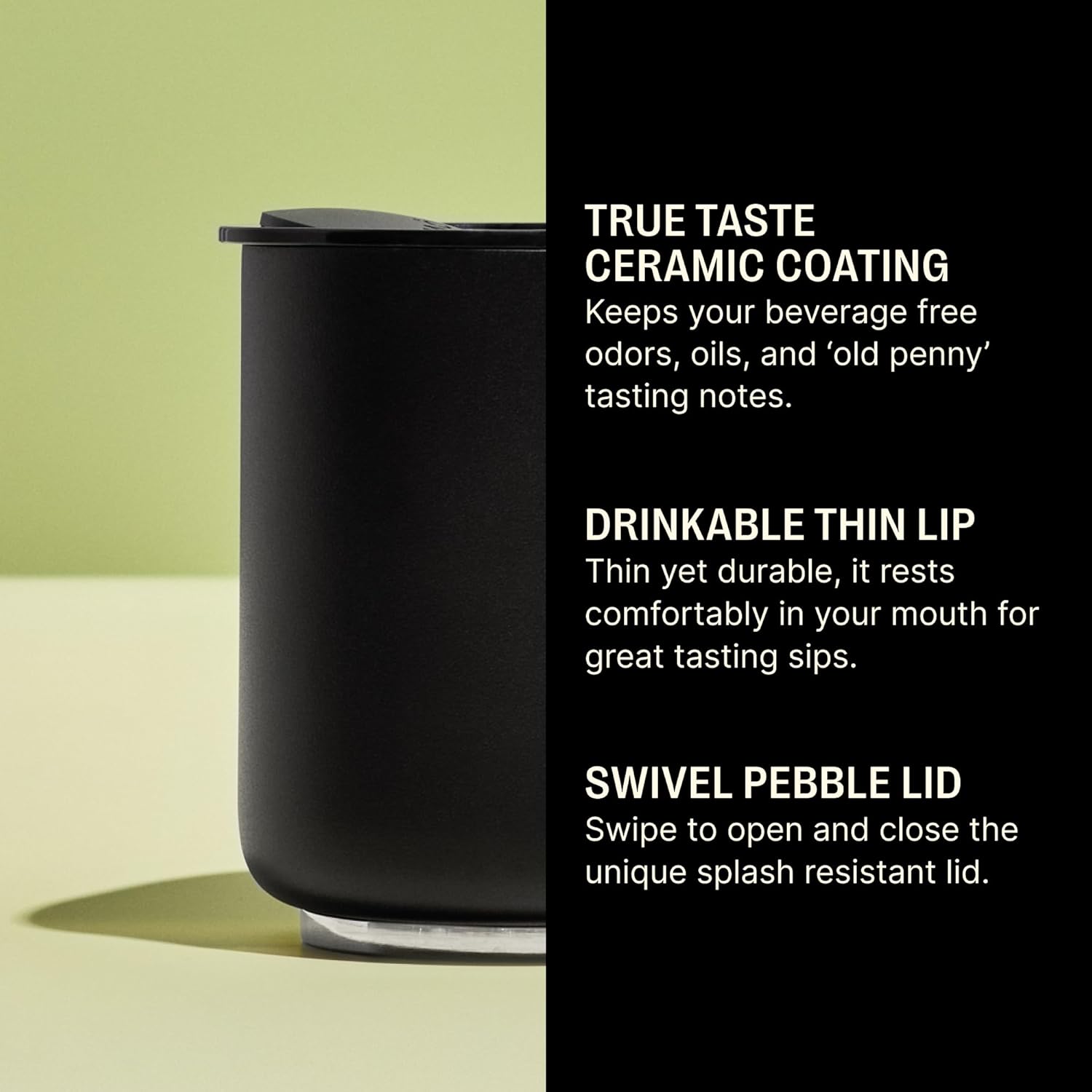 Fellow 10 oz Rocky Lowball Tumbler - Insulated Stainless Steel Whiskey and Cocktail Tumbler with Ceramic Interior and Swivel Pebble Lid (Matte Black) - Image 3