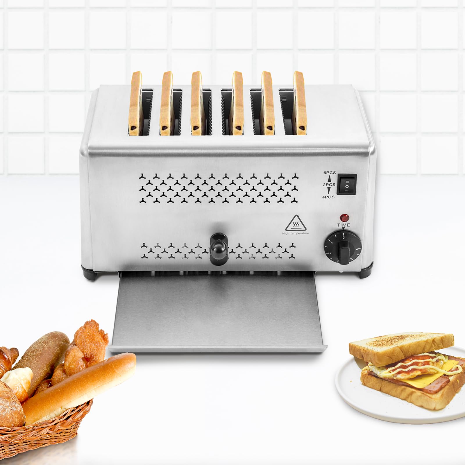 6-Slice Toaster, 110V 1650W Commercial Toaster Stainless Steel Bread Baking Machine for Restaurant