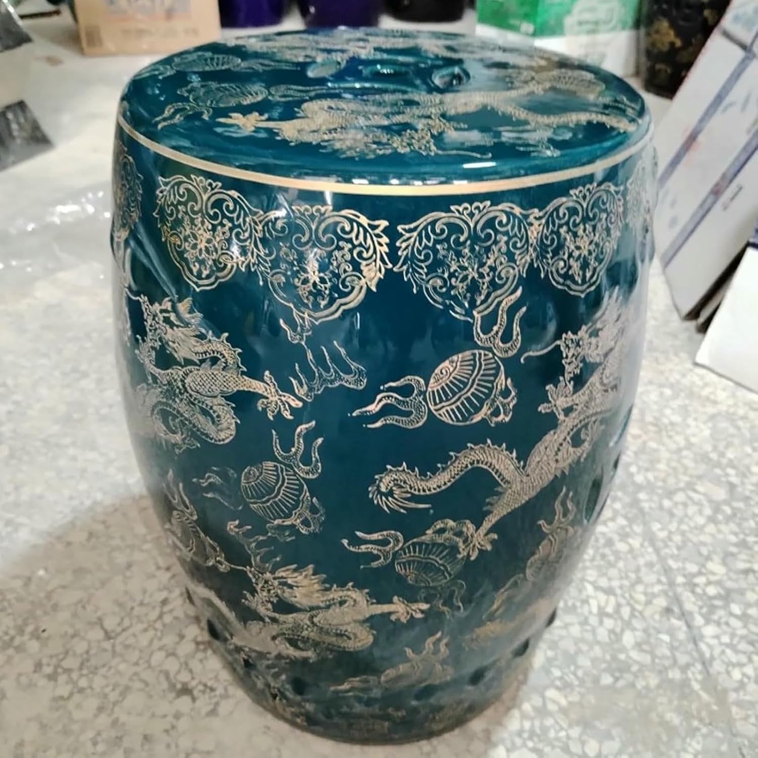 Decorative Ceramic Garden Stool - Chinese Glazed with Gold-Plated Double Dragon Ceramic Drum Stool