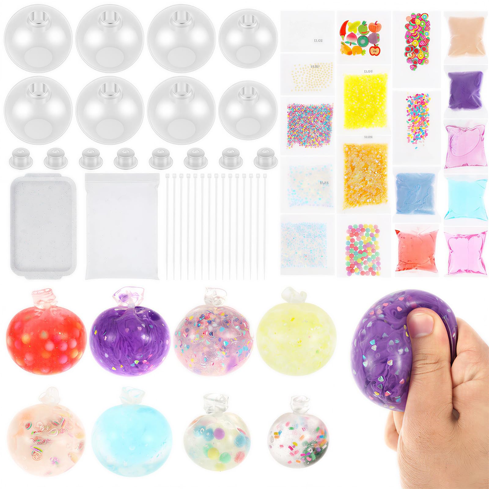 GWCYMYD DIY Stress Ball Making Kit, 8 Clear TPR Skins Custom Squishy Maker Set with Fillings Tray Zip Ties, Sensory Fidget Craft for Adult Relaxation