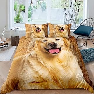 Golden Retriever Duvet Cover 3D Dog Print Bedding Set for Kids Adults Cute Puppy Comforter Cover Set Soft Warm Fluffy Dog Hair Bedspread Cover Bedroom Collection 3Pcs Queen Size