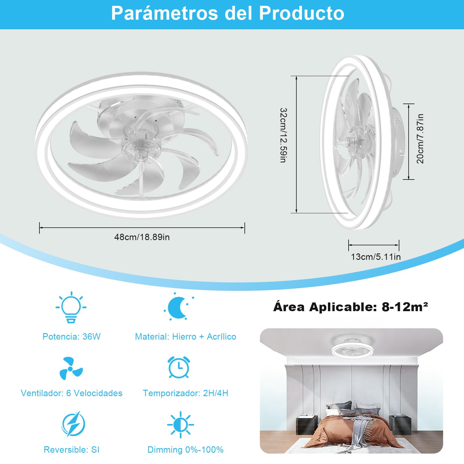 Ventilador de Techo con Luz LED 48CM, Lámpara Ventilador Techo con Control Remoto, Motor Silencioso con 6 Velocidades Reversibles, Temporizador, Luz Ventilador Techo Dormitorio, Blanco