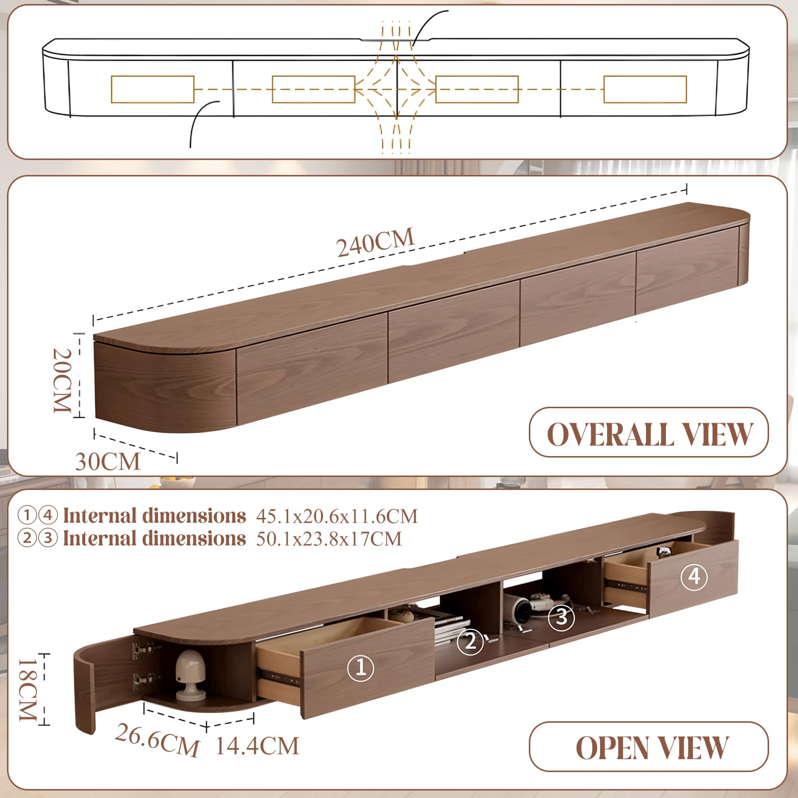 TV Lowboard hängend Braun 240 cm lang, Breite 30 cm – fertig montierter TV Schrank zur Wandmontage mit 2 Schubladen & 2 Türen, 2 seitlich öffnendes Seitenfach, für Wohnzimmer & Schlafzimmer
