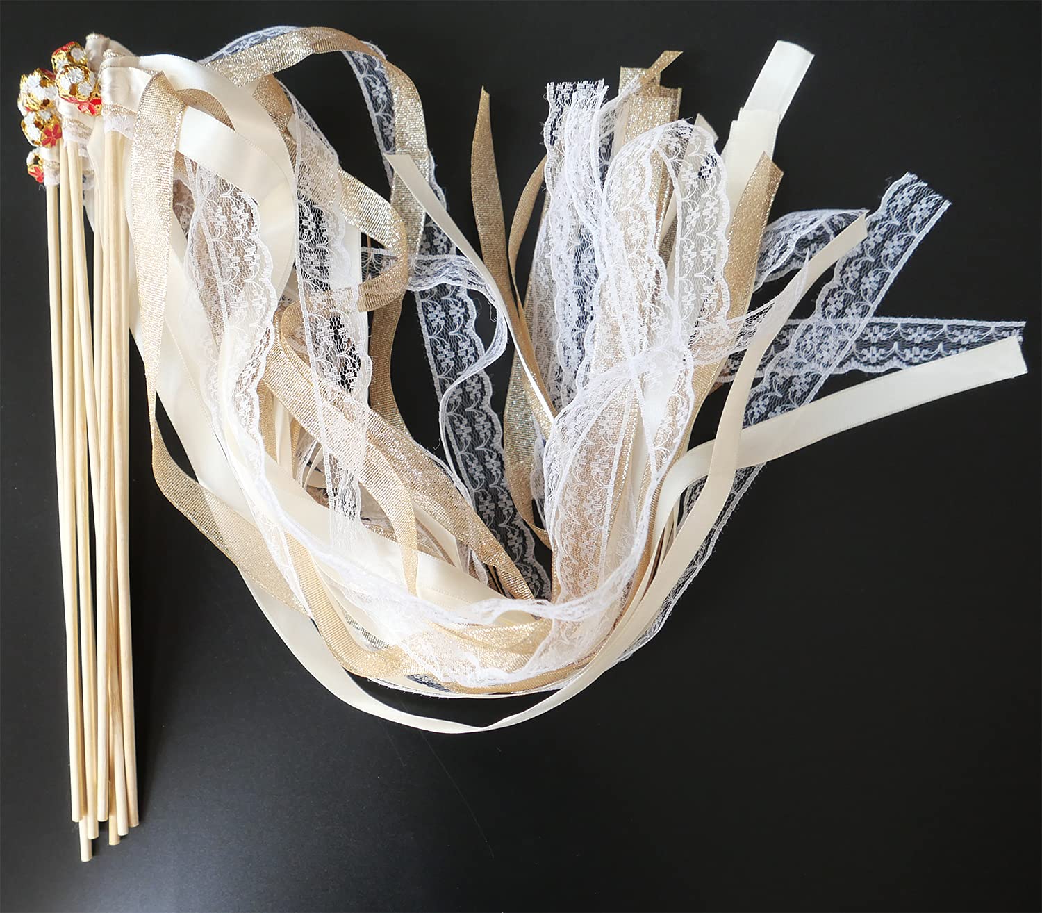 50x Wedding Wands Zauberstäbe mit Glocken,Spitzen Luftschlangen Seide Fee Stick,Lace Ivory Ribbon Wands Wedding Ribbon Stick Glücksstäbe für Hochzeit Partys Babypartys Geburtstag Weihnachten Feiern