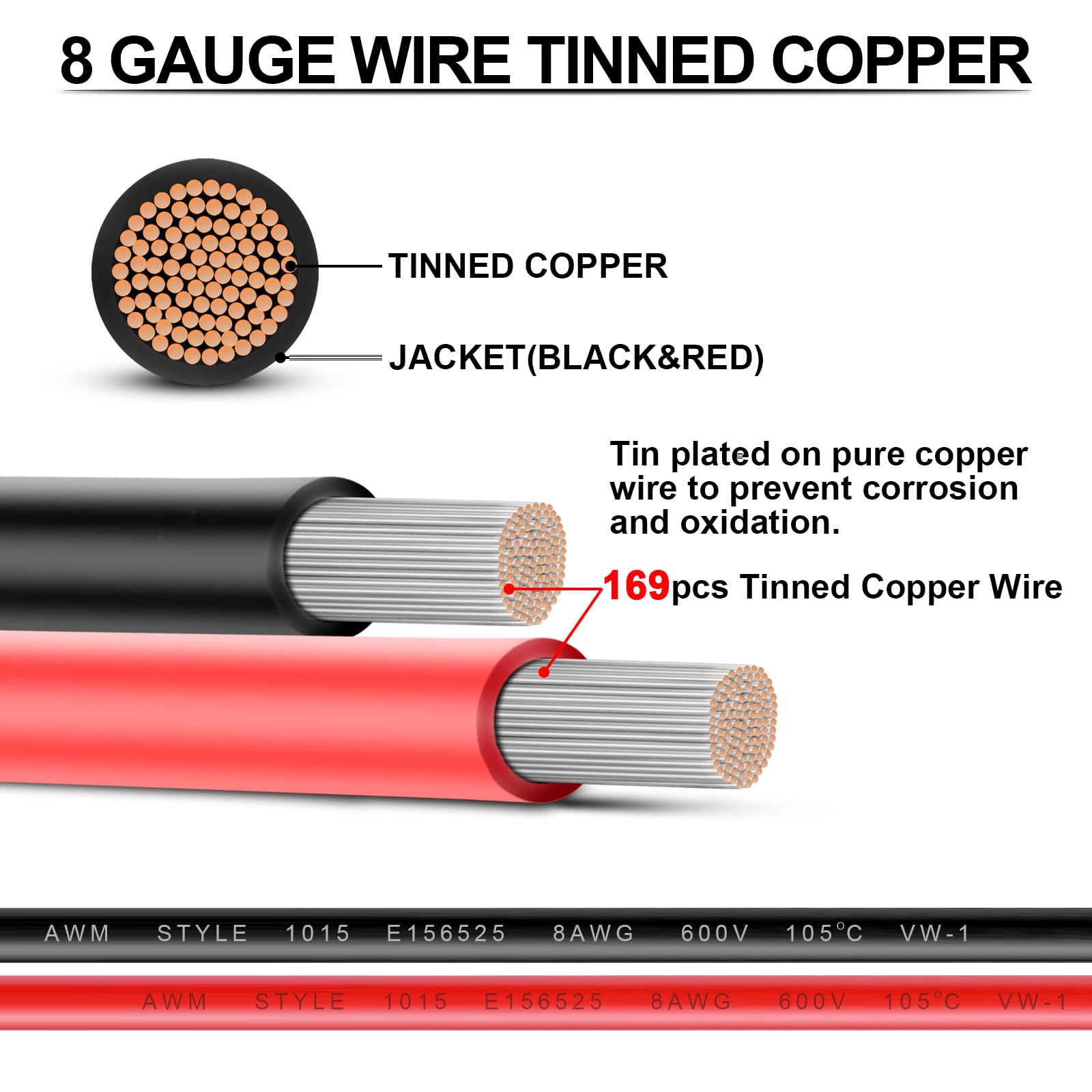iGreely - Cable eléctrico de cobre estañado de calibre 8 para coche, audio, remolque, marino, color rojo y negro 3 m, calibre 8