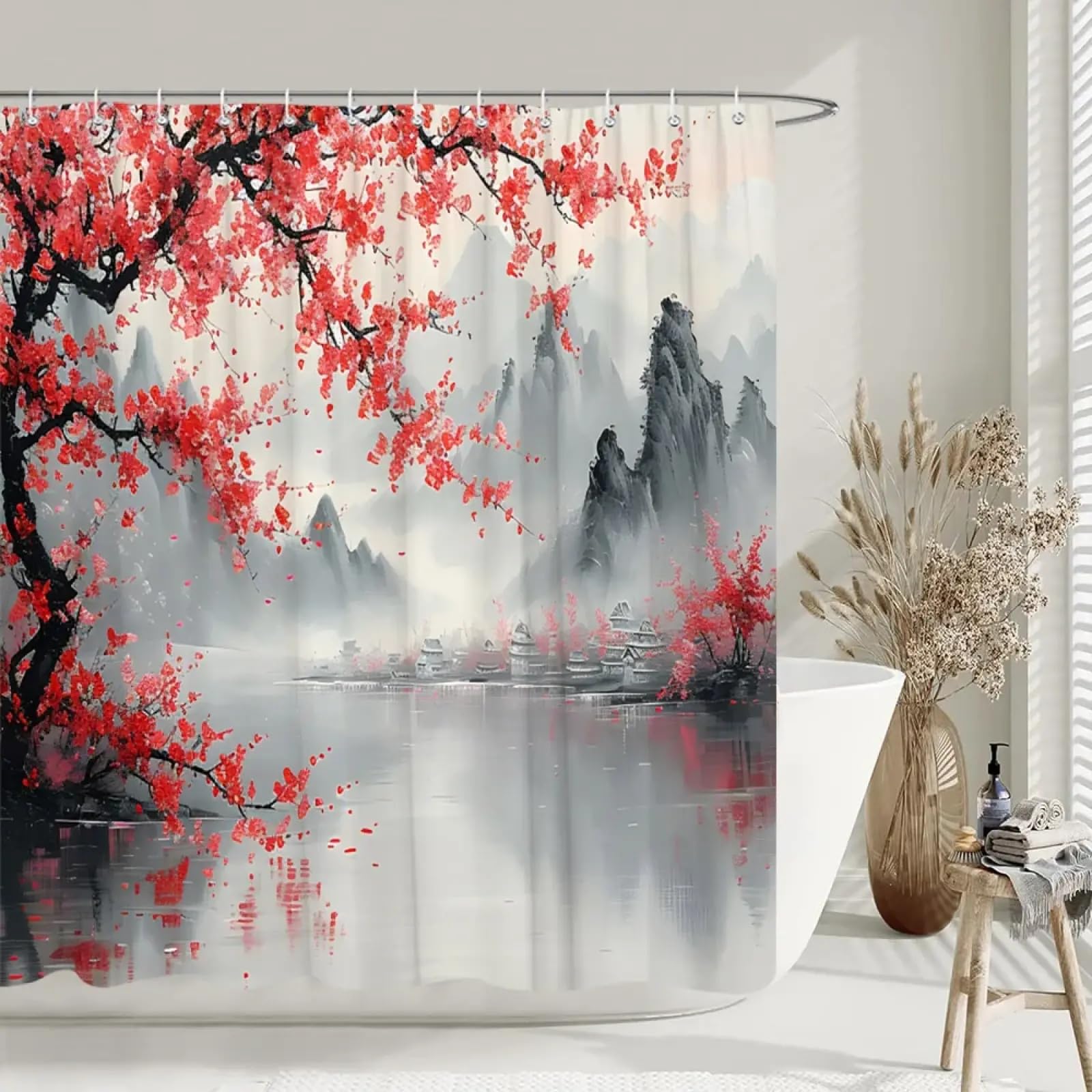 Rideau de douche fleurs de cerisier marron et rouge style japonais traditionnel 149x210 cm