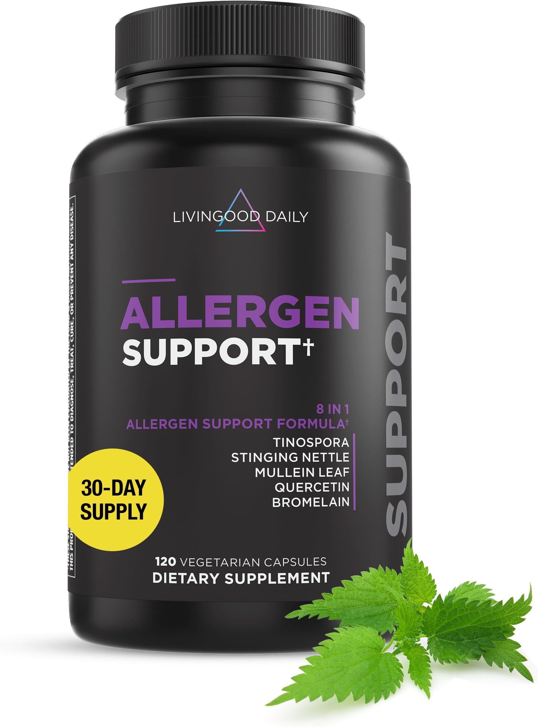 Livingood Daily Allergen Support - Quercetin, Stinging Nettle, Vitamin C, Zinc, Bromelain & Guduchi - Seasonal Allergy Relief - Natural Antihistamine - Immune Support, 120 Capsules