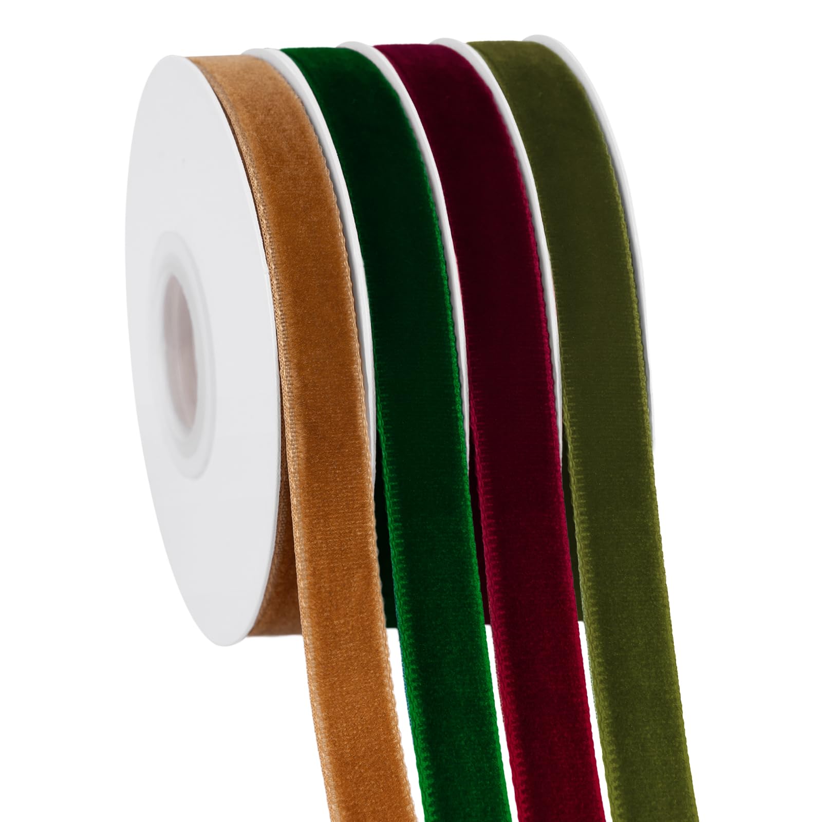 KINGLAKE Dark Red and Green Brown Velvet Ribbon, 10mm x 5 Yards, 4 Rolls