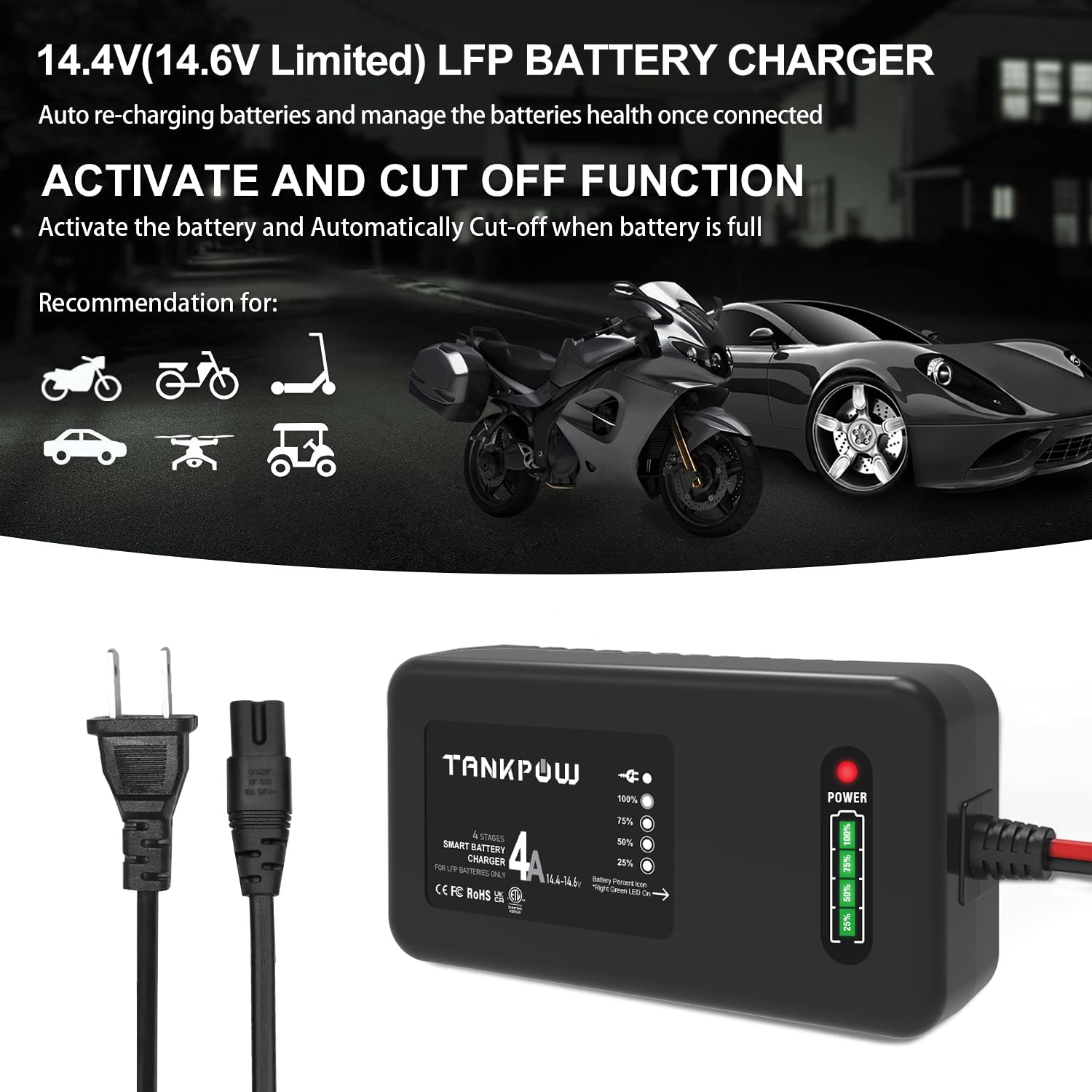 Cargador de batería LiFePO4 de 14.6 V, cargadores de batería de litio de 4 A, cargador de batería inteligente LiPO de 12 V para coches, motocicletas, carrito de golf, UAV, barco de pesca y