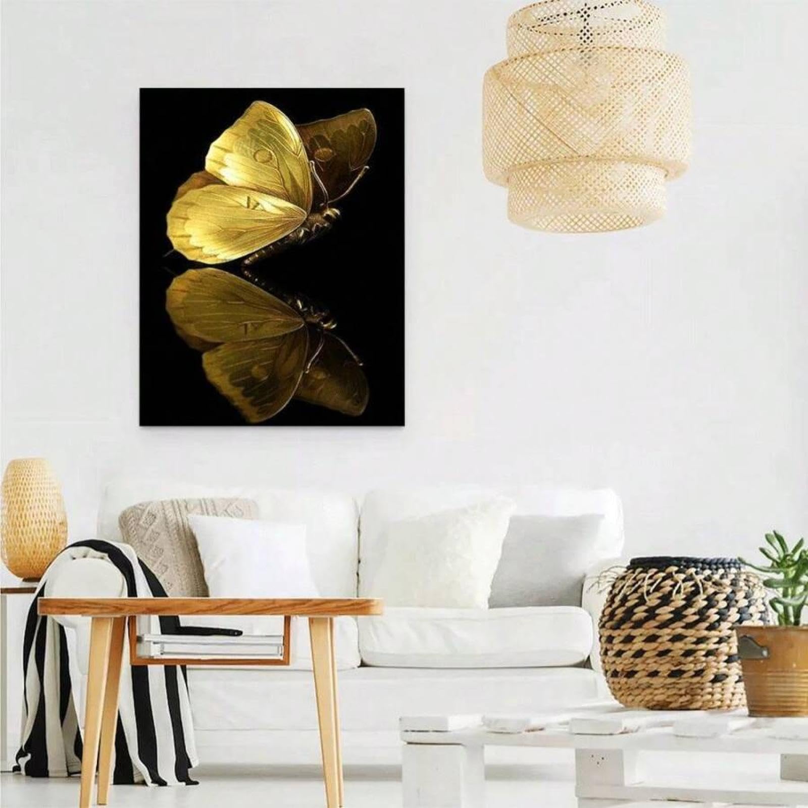 XINBAO Arte de pared con reflejo de mariposa, impresión de mariposa amarilla, impresiones artísticas en lienzo, carteles de animales para sala de estar, carteles de pintura de 70 x 90 cm con marco