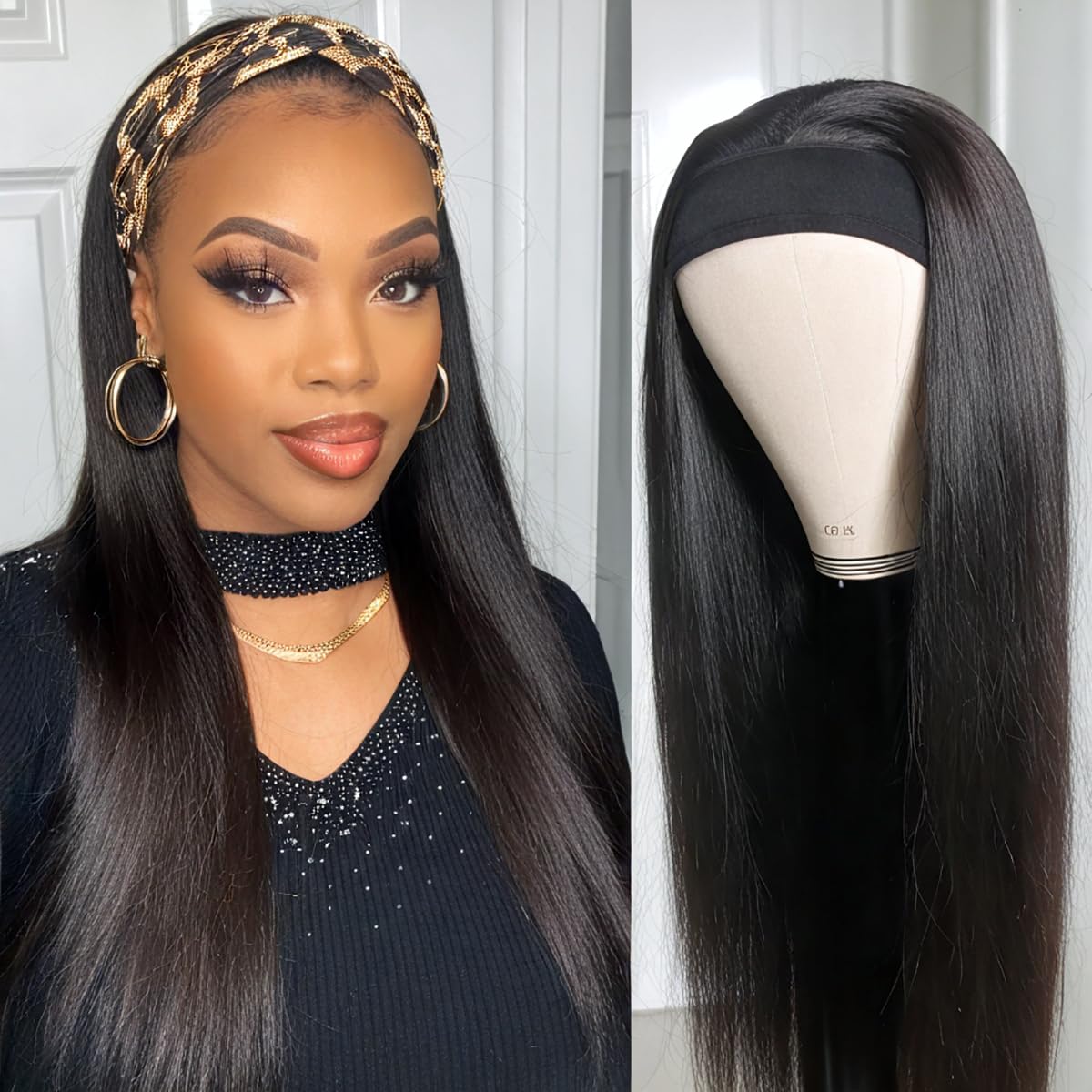 Unvizossa Straight Headband Wig Human Hair 16 Inch Brazilian Virgin Human Hair Wigs for Black Women Glueless No Lace Front 150% Density Natural Black
