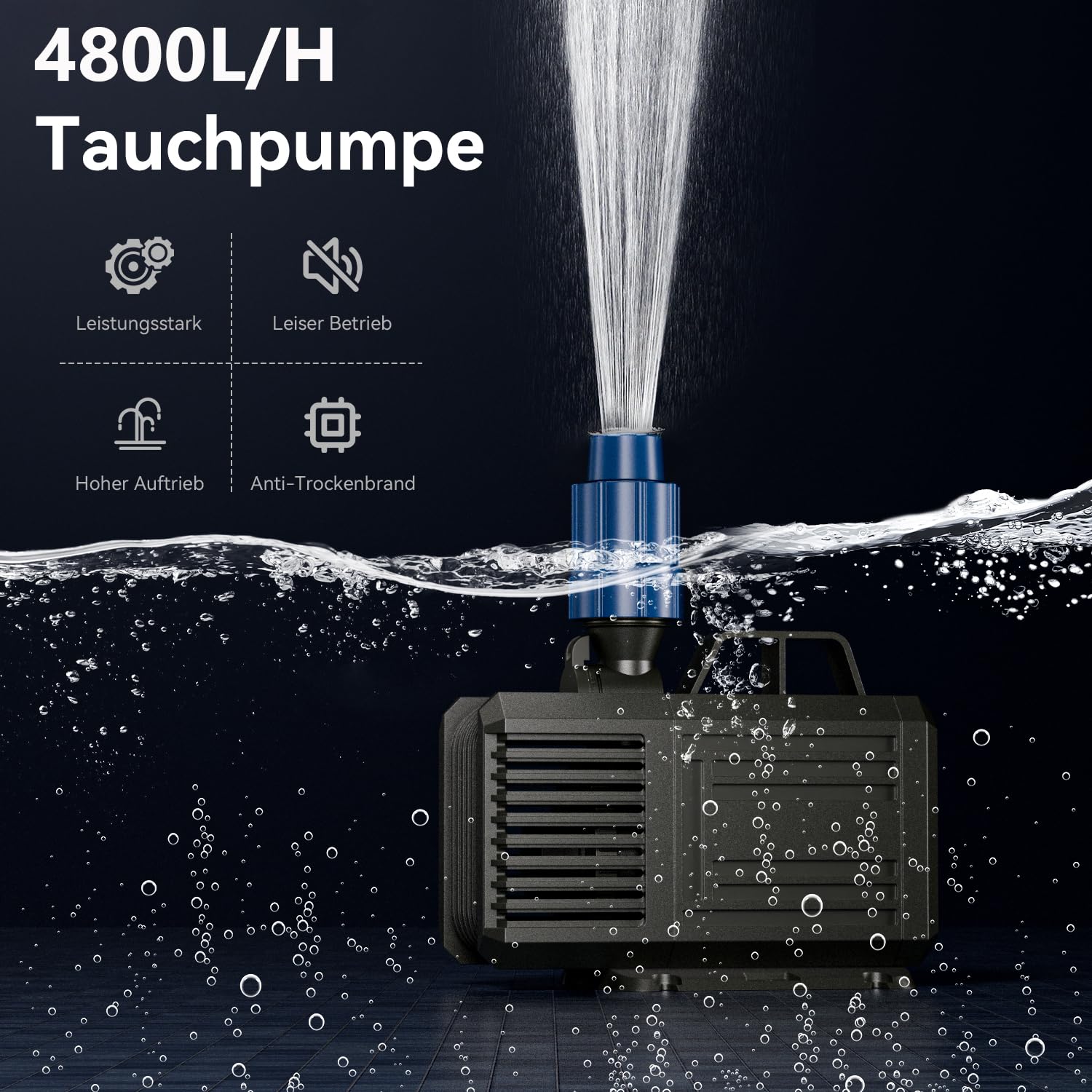 Tauchpumpe 4800L/H (MAX) 85W Wasserpumpe, Amphibisch Teichpumpe, Aquarium Pumpe mit 2 Düse, Springbrunnenpumpe für Teiche, Steingärten Garten, Bachlaufpumpe Max Förderhöhe 3.8m