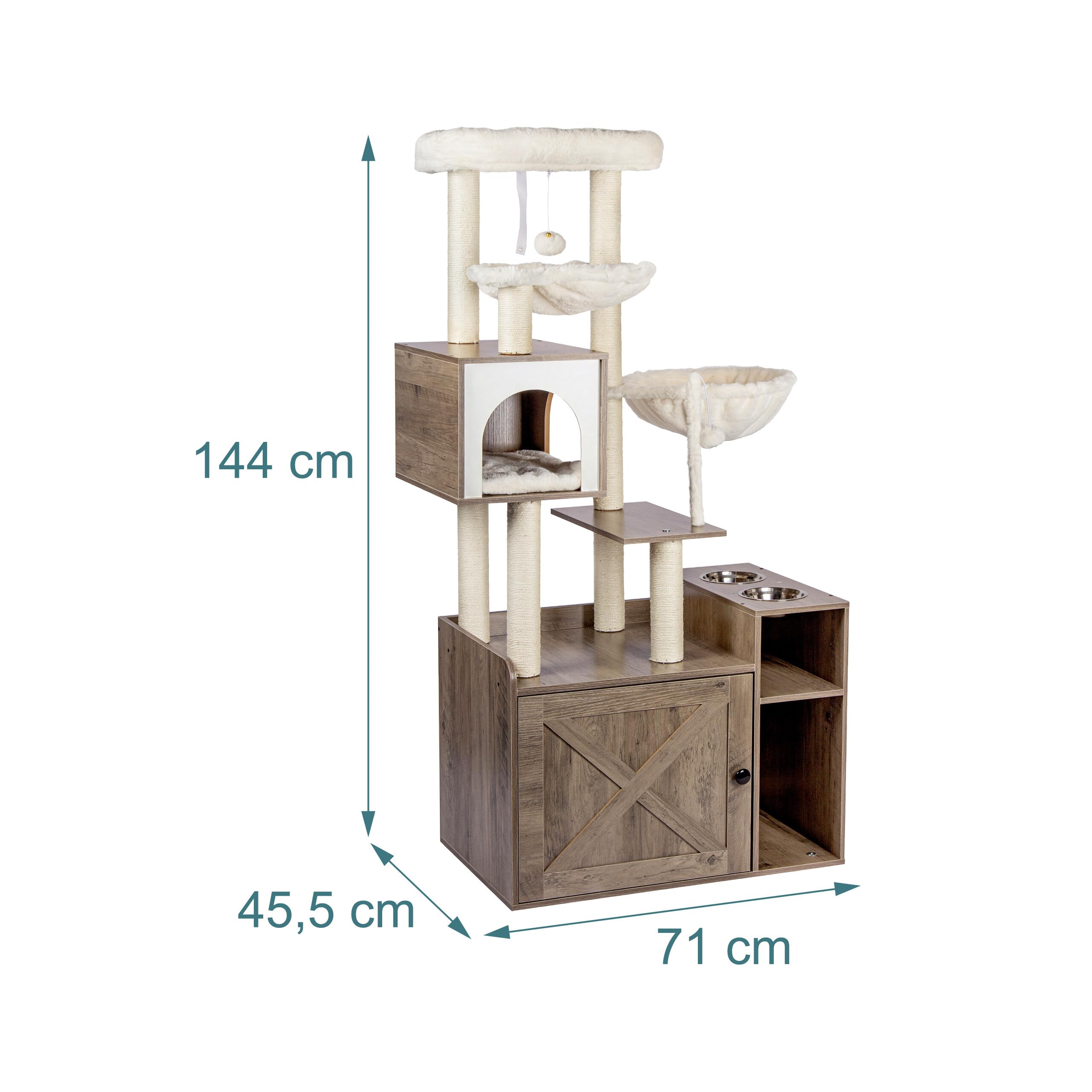 Relaxdays rascador, Mueble arenero y comedero, 144x71x45,5 cm, marrón Claro | postes de sisal, cesta, efecto madera