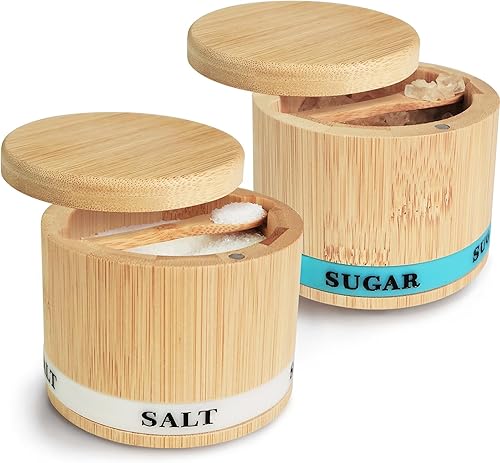 Miniatura 7 de ThougrLyh Salt Box Bamboo Salt Container with Swivel Lid with magnetic To Easily Open And Seal Salt Cella With Spoon for Storing Salt Pepper Sugar