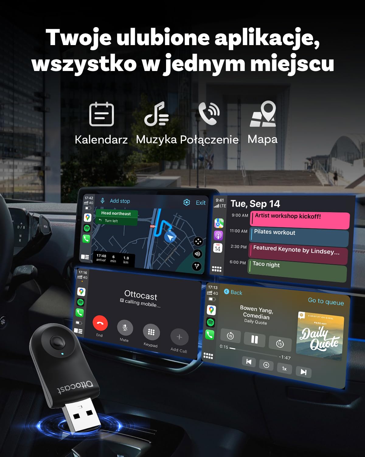 2025 Zaktualizowany 2-w-1 Bezprzewodowy Adapter CarPlay i Android Auto, OTTOCAST MINI dla iOS 10+ i Android 11+, Przekształca Przewodowy CarPlay w Bezprzewodowy, Kompatybilny z USB-A i USB-C(Czarny)