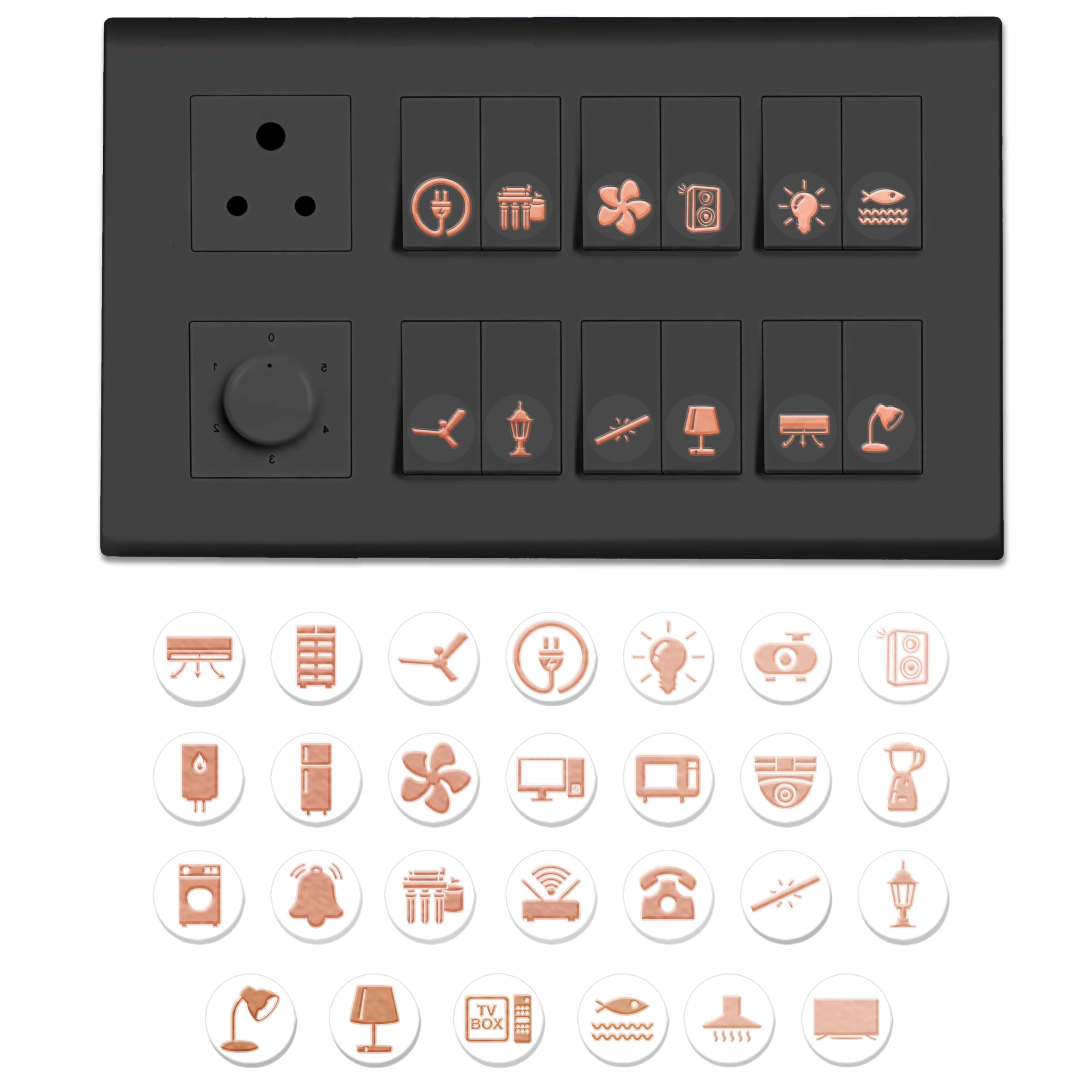 Goelite Rose Gold Switch Stickers Embossed for Switch Board | 27 Designs, Pack of 330 Stickers for Home Including Fan, Light and Many More
