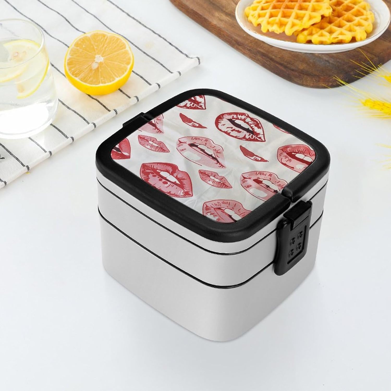 Adults Lunch Box Adult Bento Box Stackable Bento Box BPA-Free Red Lips Pattern Lunch Box Food Container Ideal for Meal Prep, Work, And On The Go