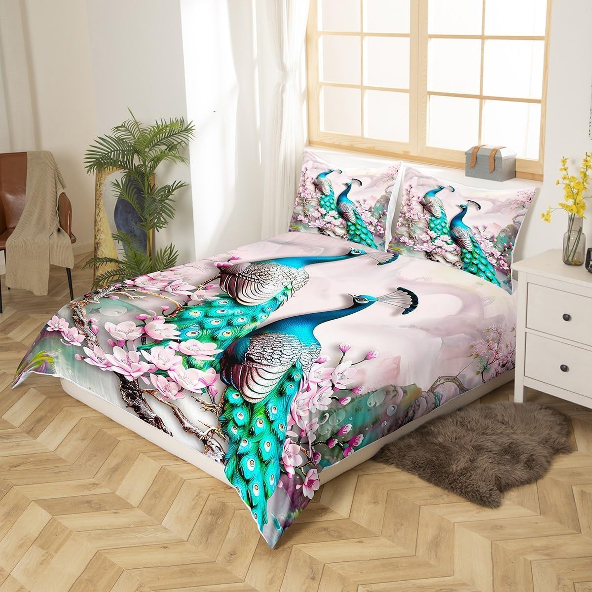 Peacock Bedding Duvet Cover Sets,Elegant Gorgeous Blue Feather Comforter Cover for Girls Women Pink Flower Soft Quilt Cover 2Pcs,Birds Animal Theme Decor Bedspread with 1 Pillowcase,Twin Size