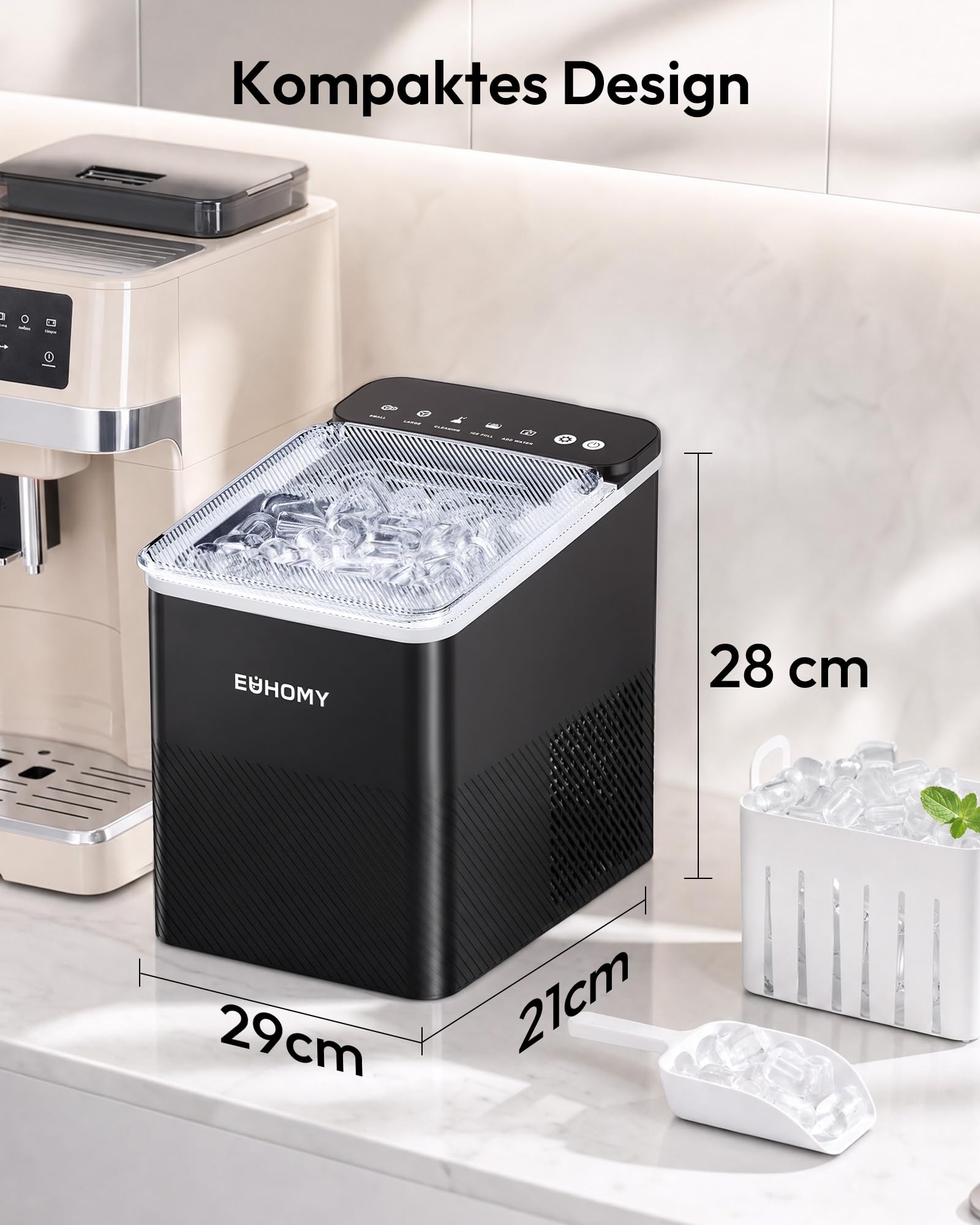 EUHOMY Eiswürfelmaschine, Kompaktes Design, 9 Eiswürfel in 2 Größen, Automatische Reinigung, schwarz