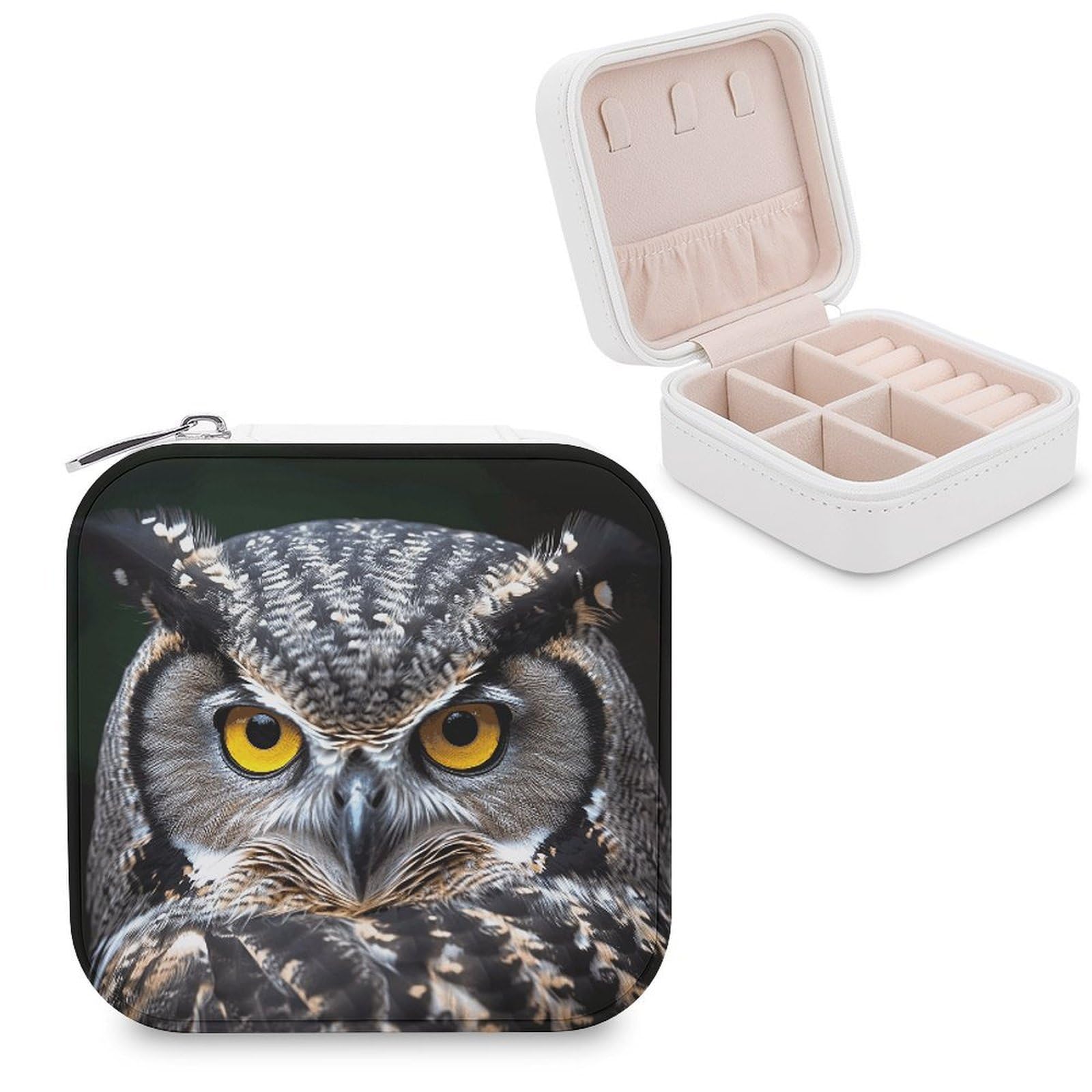 FekiLoot Yellow Eyed Owl Travel Jewelry Box Small Jewelry Organizer Storage Case Portable PU Leather Mini Jewellry Travel Case Necklace Ring Storage Organizer Gift for Women
