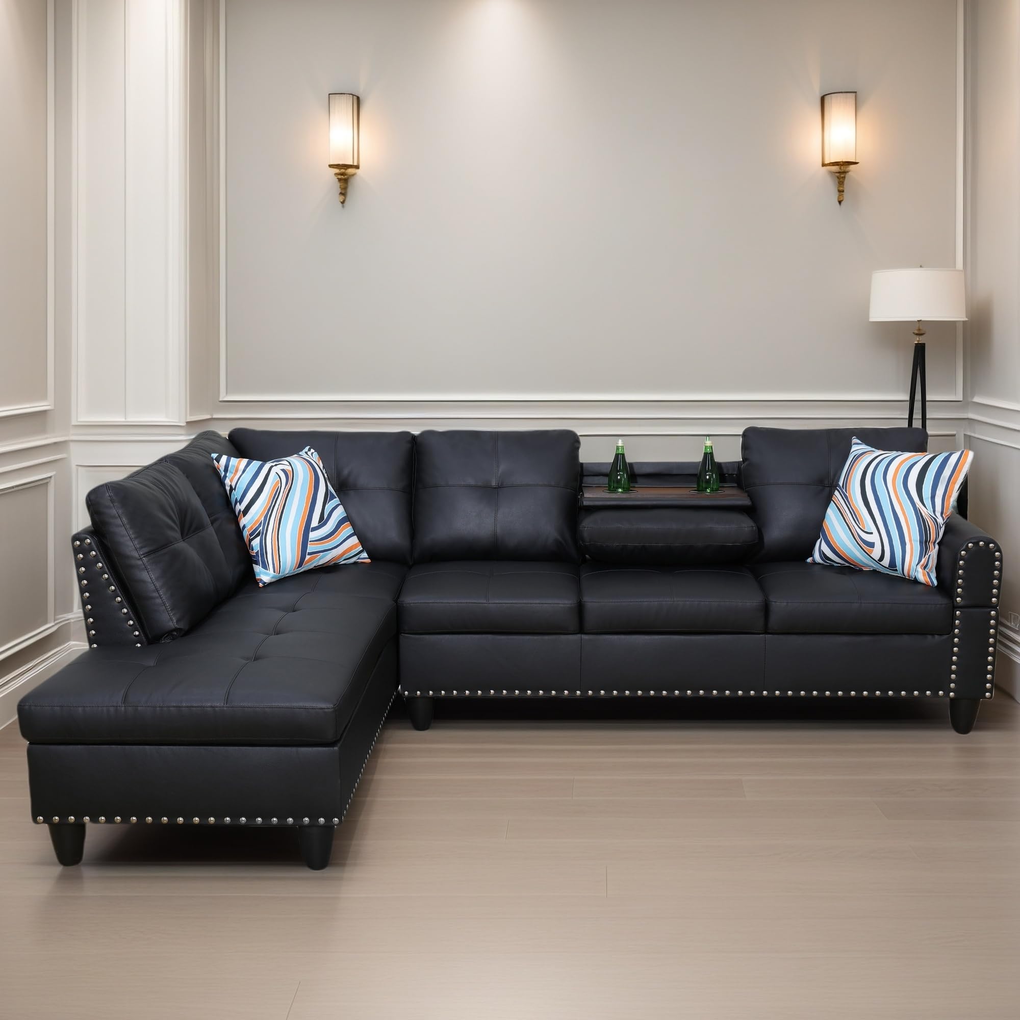 FONTOI Leather Sectional Couch Sofa, Modern Nail-Head Design L Shaped Sectional Sofa for Living Room, 4 Seat L Couch with Cup Holder for Bedroom