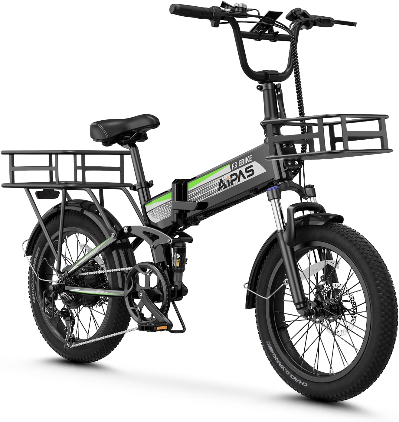 Aipas F3 Electric Bike for Adults with 1500W Motor Peak, 48V 12.8Ah Removable Battery Max 62 Miles 28MPH,20" x 3.0 Fat Tire Folding Electric Bike with 7-Speed and Full Suspension.