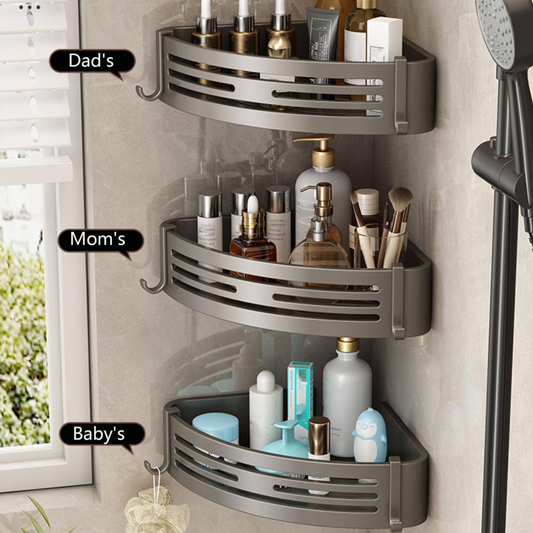 Estante Ducha Adhesivo, Estante de Almacenamiento para baño montado en la Pared, Organizador Ducha sin Taladro, estantes de Ducha Gran Capacidad a Prueba óxido con Ganchos,Blanca,B