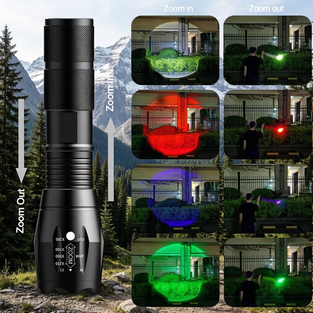4-in-1 Red Rechargeable Flashlight - Multi-Color LED (White/Red/Blue/Green) Torch with 4 Modes, High Lumens Zoomable Flashlight for Camping, Observation, Emergency & Outdoor Adventures