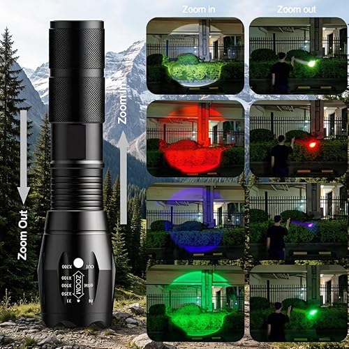 Miniatura 3 de Linterna recargable roja 4 en 1, linterna LED multicolor (blanco/rojo/azul/verde) con 4 modos, linterna con zoom de alto lúmenes para camping,