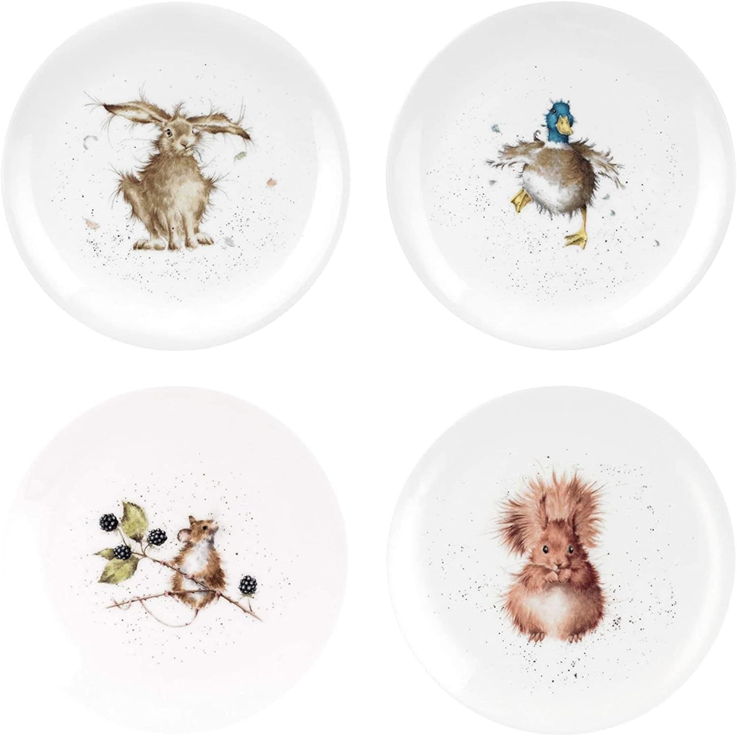 Portmeirion Royal Worcester Wrendale Designs Fine Bone China Coupe Plate, Set of 2-8 Inch Plates with Assorted Animal Designs - Hare, Duck, Hamster, Squirrel - Christmas Tableware for Cozy Dining