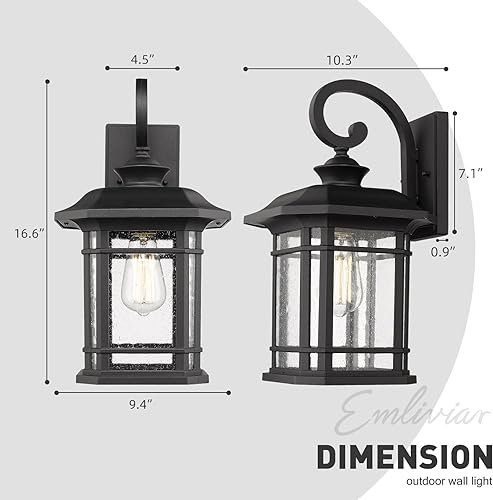 Miniatura 32 de Emliviar Luces de Farol de Pared para Exteriores, Lámpara de Aplique de Pared Exterior de 1 Luz, Acabado Negro con Vidrio Granulado Transparente,