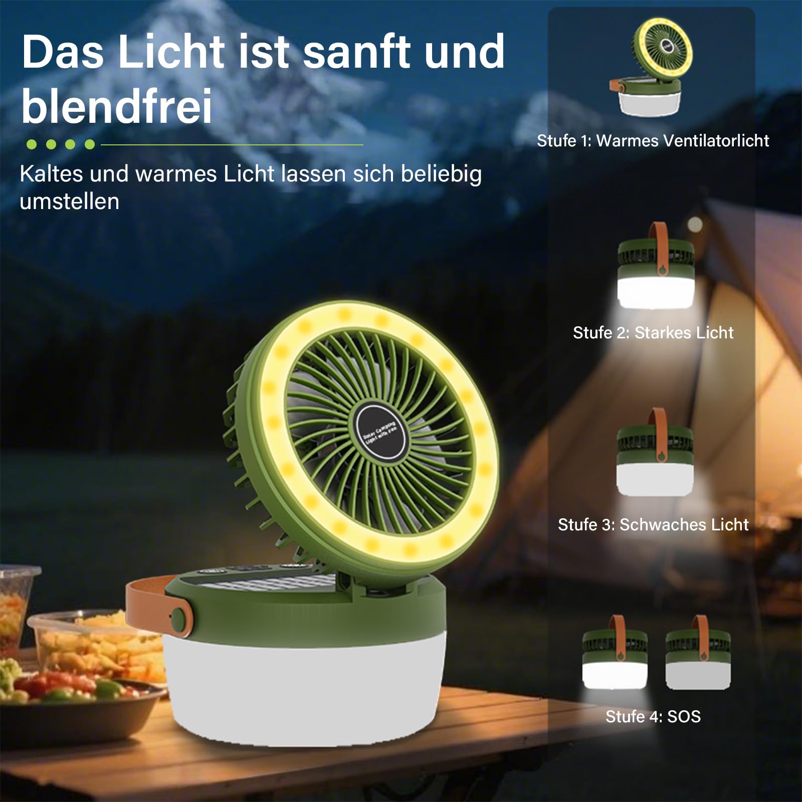 Lampe De Camping Solaire LED Avec Ventilateur - 4 Modes Lumière, 3 Vitesses Vent - Recharge USB/solaire - 3000 MAh - 7
