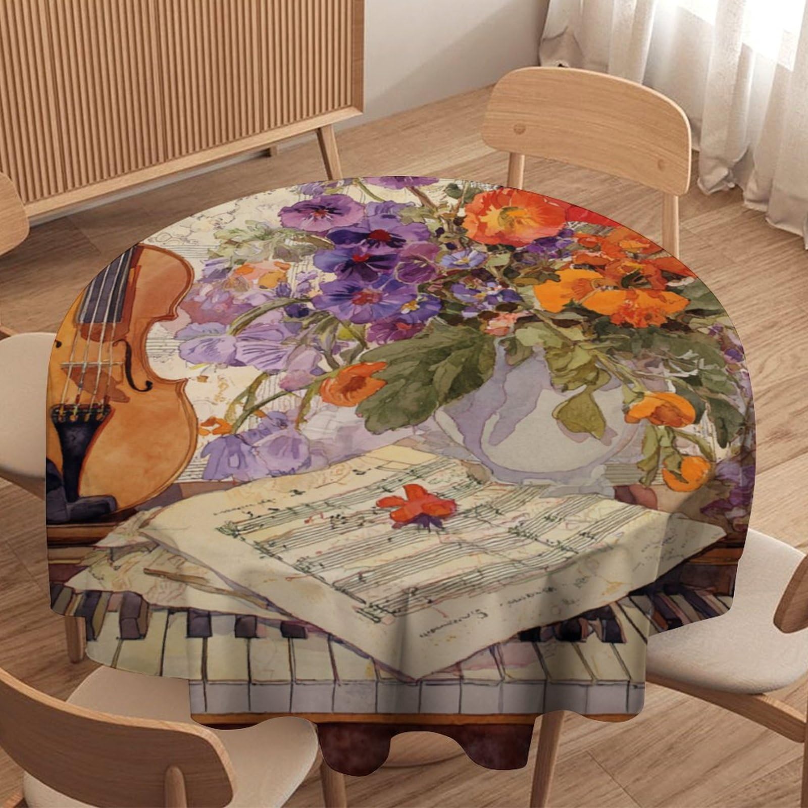 LUYYSKY Beautiful Classic Music Theme Round Tablecloth Retro Watercolor Music Instrument Violin Piano Flowers Print Washable Decor for Table Cover for Kitchen-152.4" Wx152.4 L cm