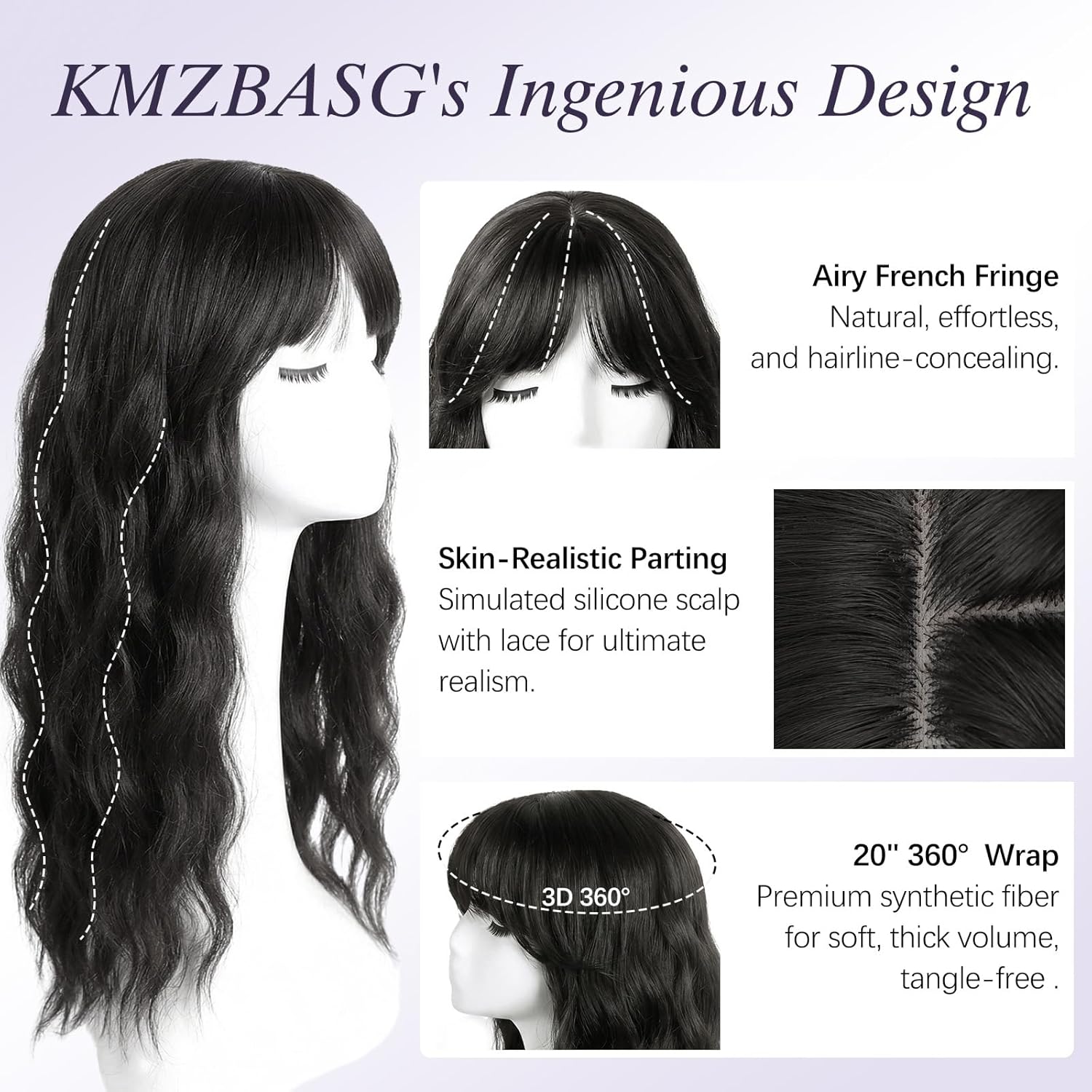 Hair Toppers for Women with Thinning Hair 20 Inches Long Wave 360 3D Synthetic Clip in Topper Hairpieces with French Bangs Big Base Adds Volume and Natural Coverage