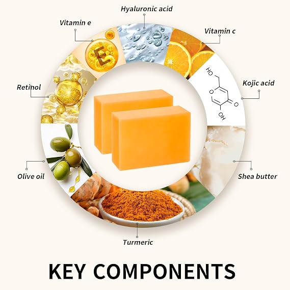 Kojic Acid Soap for Dark Spot Remover Bars with Turmeric, Vitamin C, Retinol, Collagen with Hyaluronic Acid, Vitamin E, Shea Butter, Castile Olive Oil - 3.52 OZ x 2 (Orange, with Shower Bag)