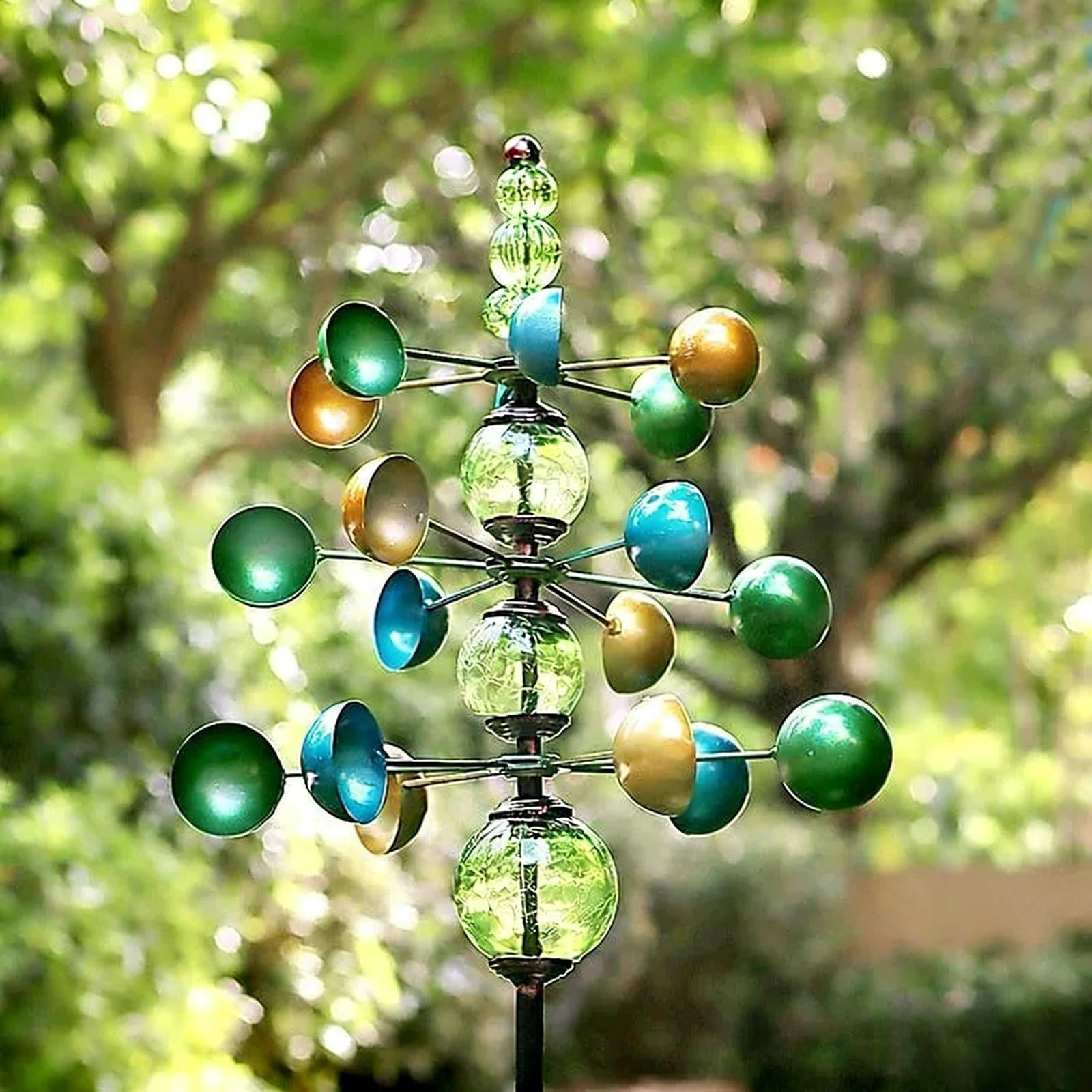 Windrad Garten Metall mit 2 gegenläufigen Rotoren, buntes Acryl-Windspiel 120 cm, kugelgelagert, Stabiler Gartenstecker mit Erdspieß, Terrasse und Balkon, dekorative Windskulptur