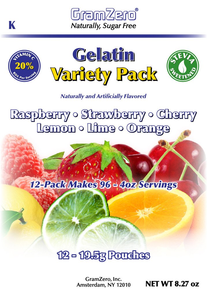 GramZero Variety (Raspberry, Strawberry, Cherry, Lemon, Lime, Orange) Sugar Free Gelatin Mix 12-Pack, Low Carb Dessert, Stevia Sweetened