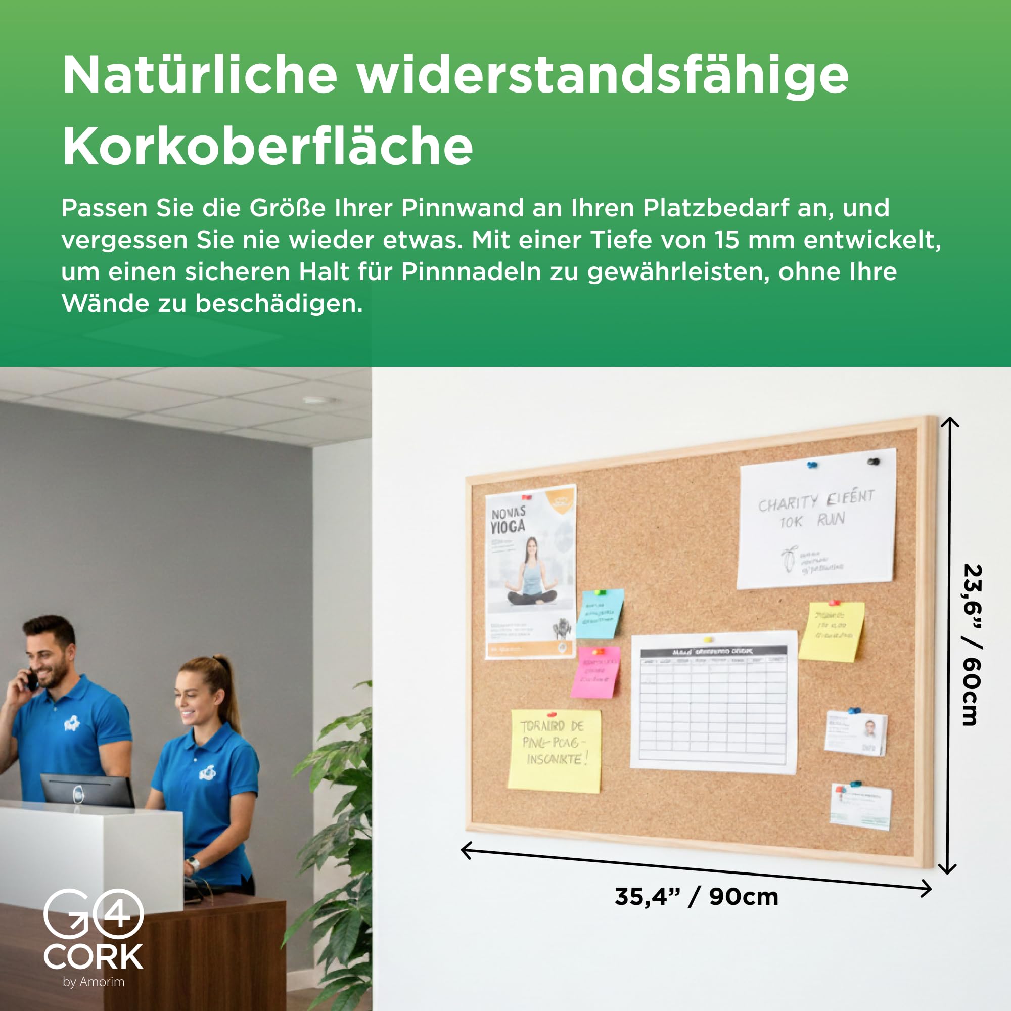 Go4Cork Pinnwand aus Kork, gerahmt, 90 x 60 cm, doppelseitiger Kiefernrahmen, Öko-Kork-Memoboard, Büro, Zuhause und Klassenzimmer, Organisationsdekoration, Reißzwecken und Einrichtungszubehör im