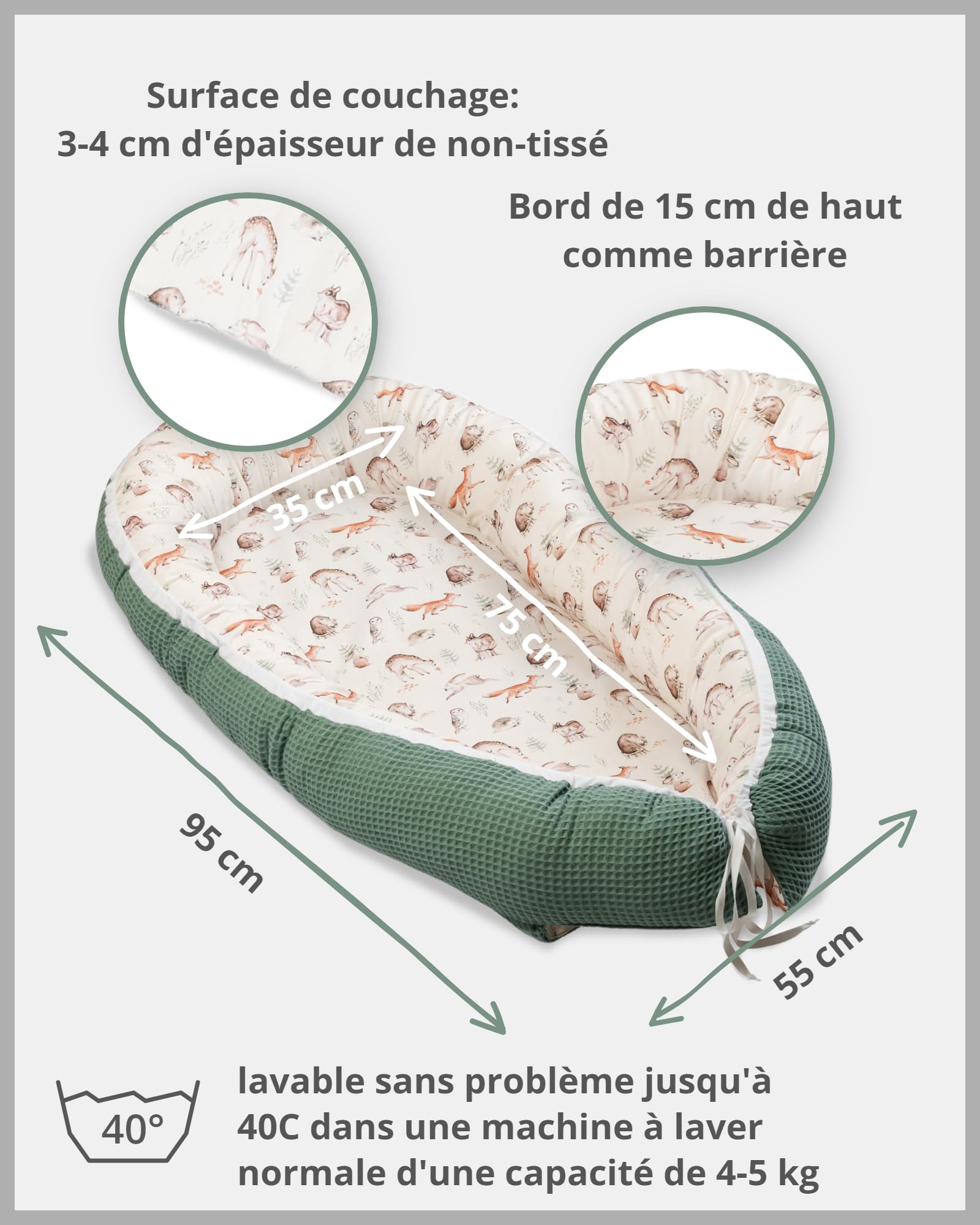 Reducteur de lit bébé ULLENBOOM Amis de la forêt (55 x 95 cm) Cocon bébé, Nid de bébé, nid en coton, utilisable comme coussin pour bébé e cale bebe