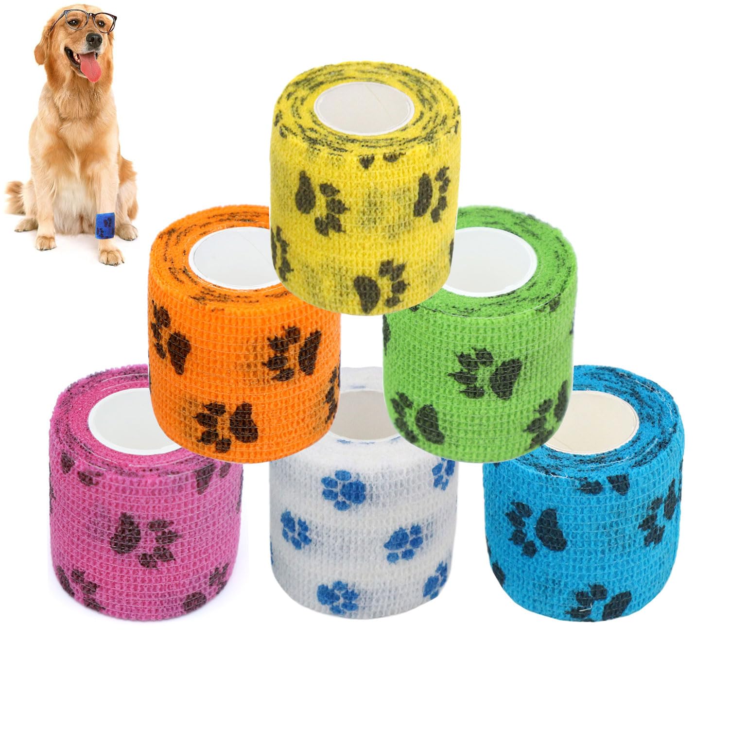 Cohesive Bandage,Vet Tape Wrap,Self Adhesive Bandage Wrap,Non-Woven First Aid Tape For Person Dogs Horses Cat & Animal Ankle Sprains & Swelling (Pack Of 6,5 Centimeters X 4.5 Meter),Multicolor