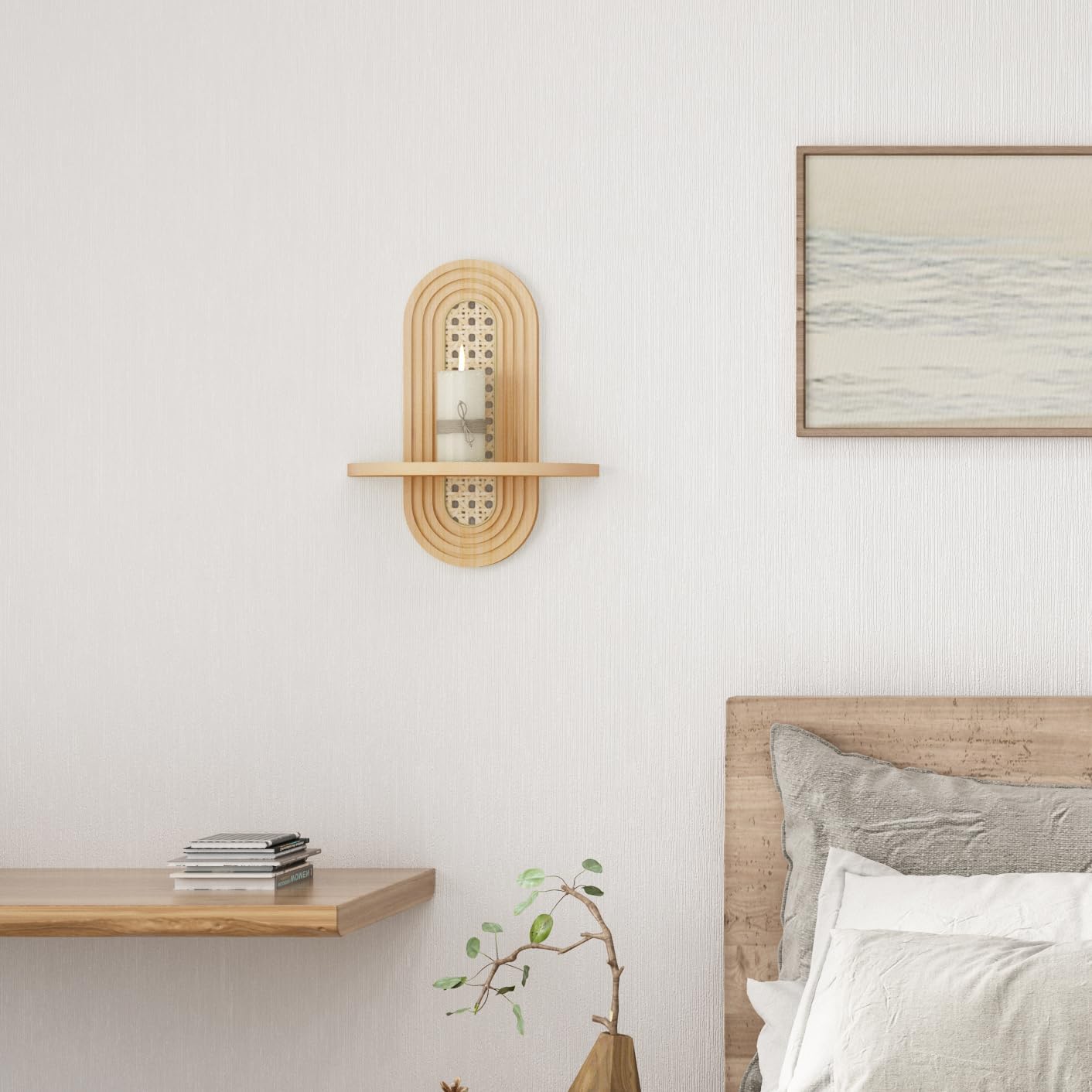 Boho Rattan Wall Shelf, Arch Plant Floating Shelf for Wall Decor, Boho Wooden Wall Art, Farmhouse Hanging Display for Bedroom Living Room Bathroom Nursery Home Office, 14.5" x 11.6"